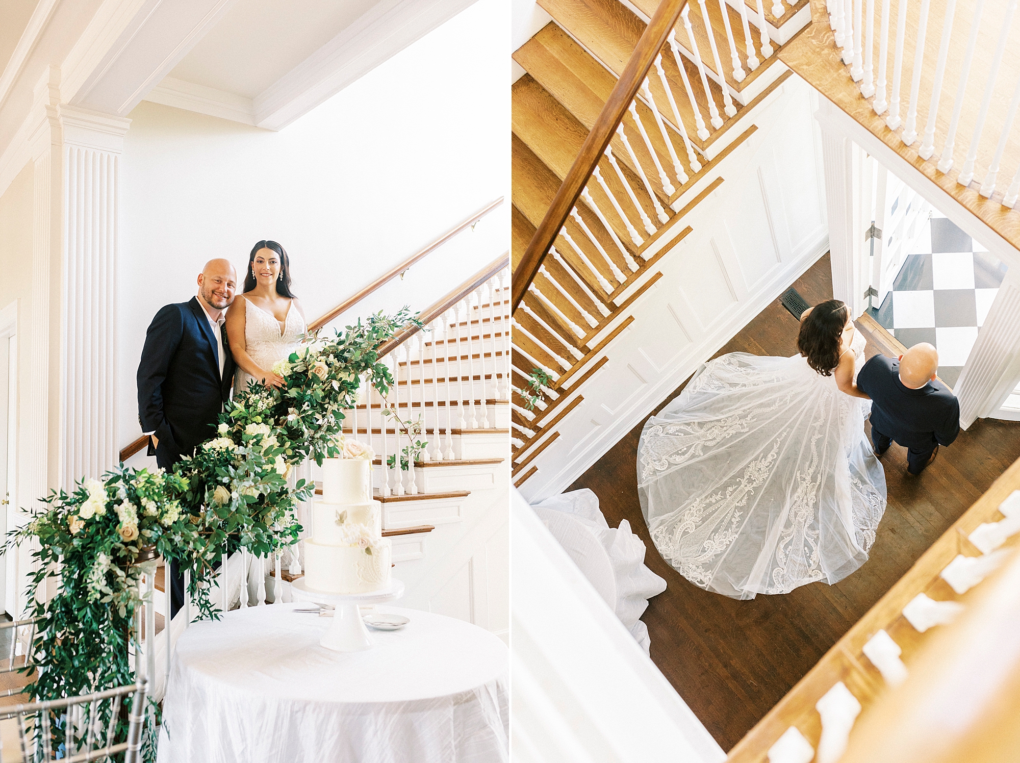 bride and groom pose on staircase inside Separk Mansion