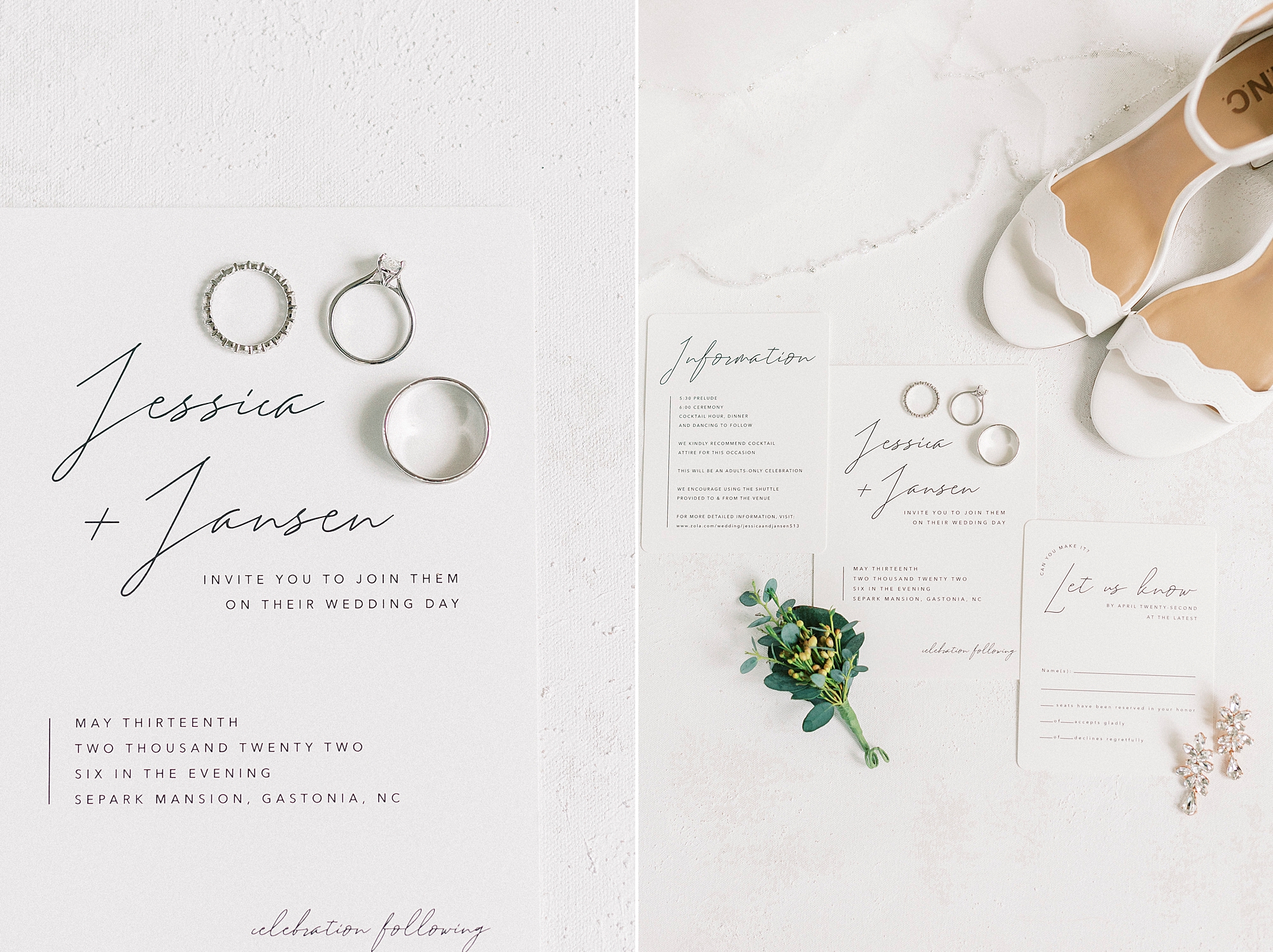 stationery and bride's shoes for summer wedding day 