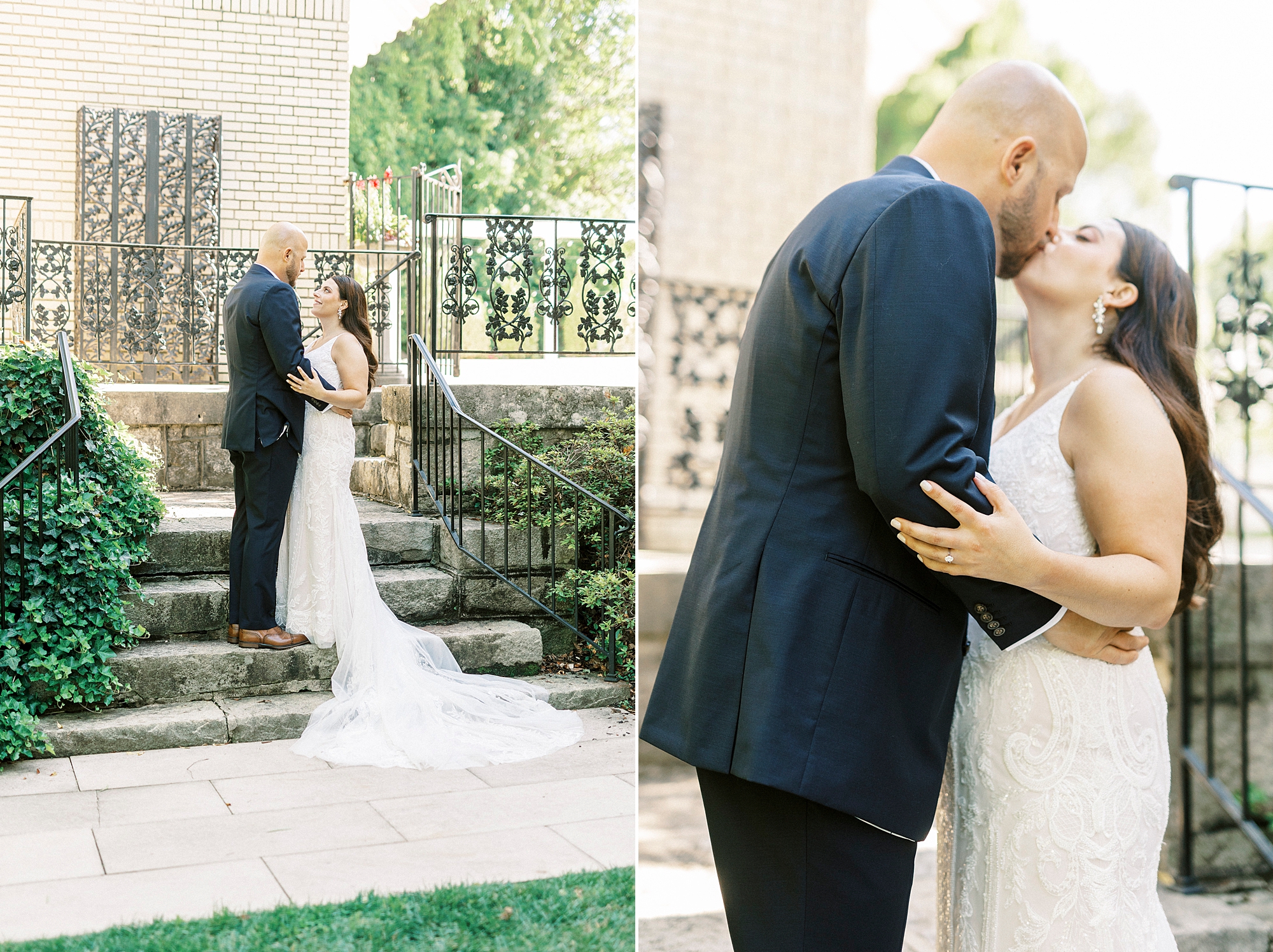 husband and wife kiss on steps at Separk Mansion
