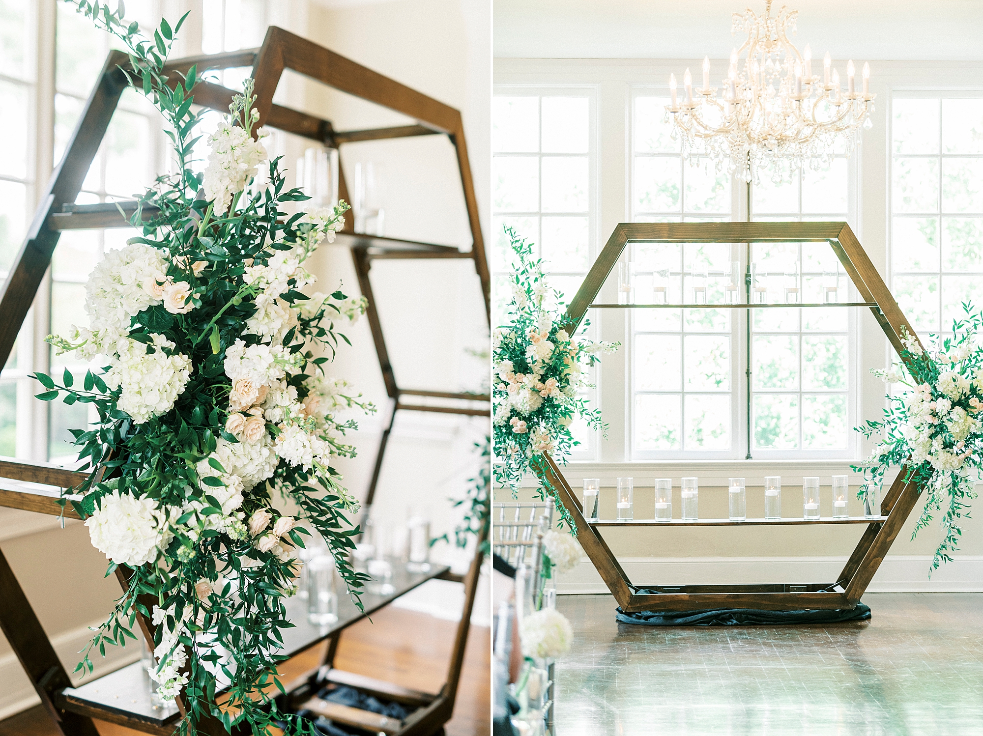 ceremony arbor with white flowers and greenery 