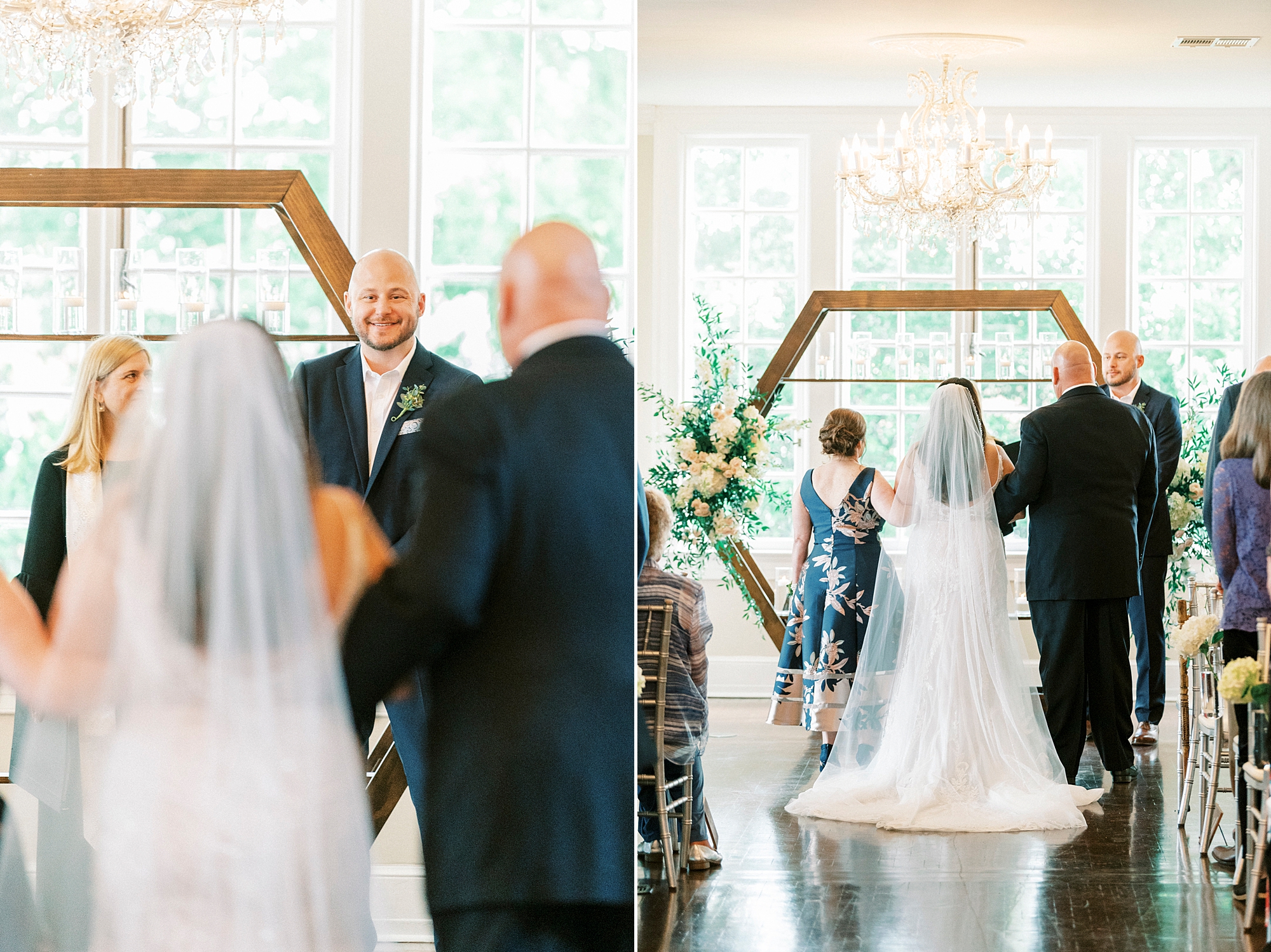 parents walk daughter up aisle during indoor wedding ceremony at Separk Mansion