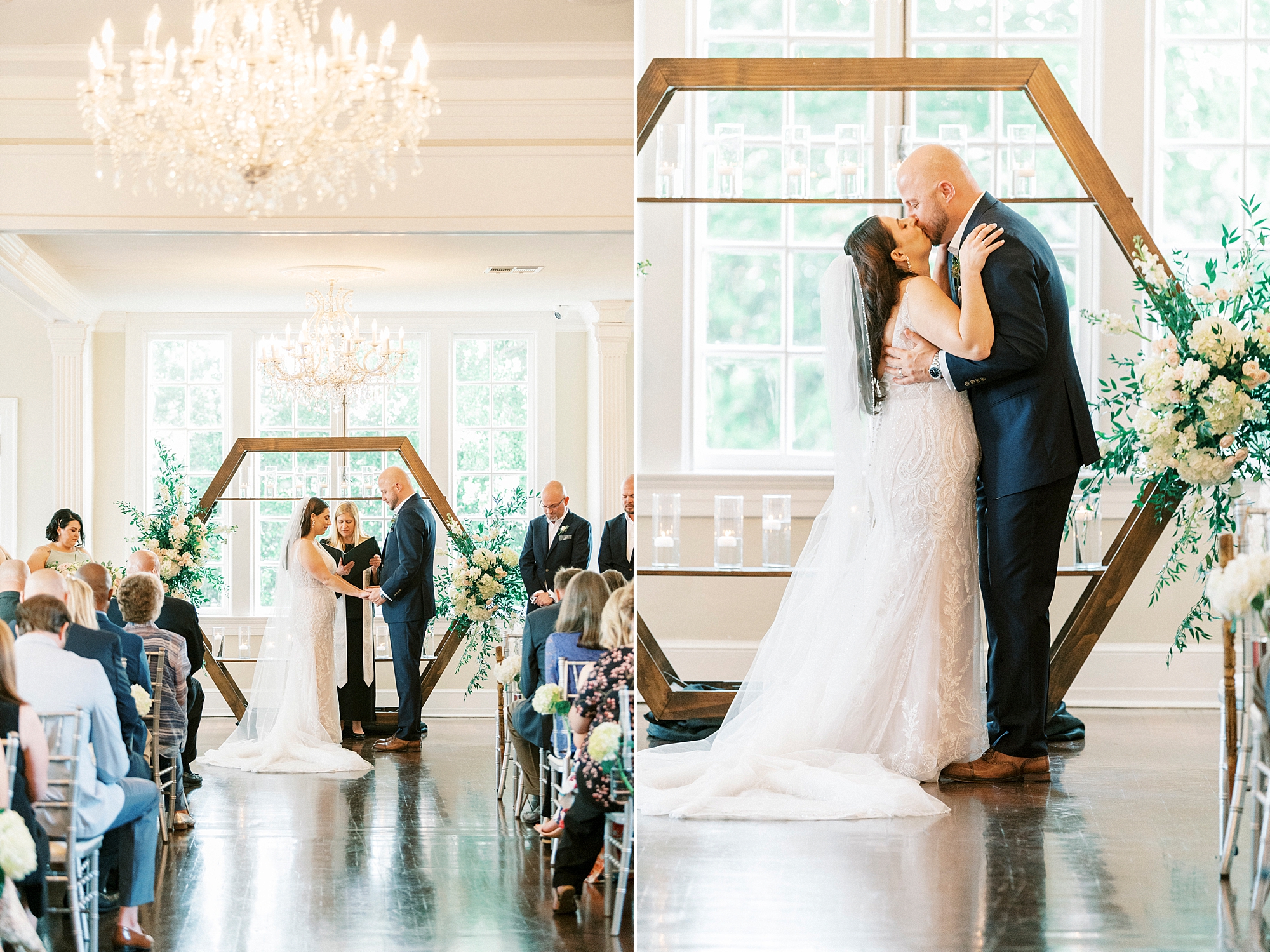 newlyweds kiss by wooden arbor at indoor wedding ceremony at Separk Mansion
