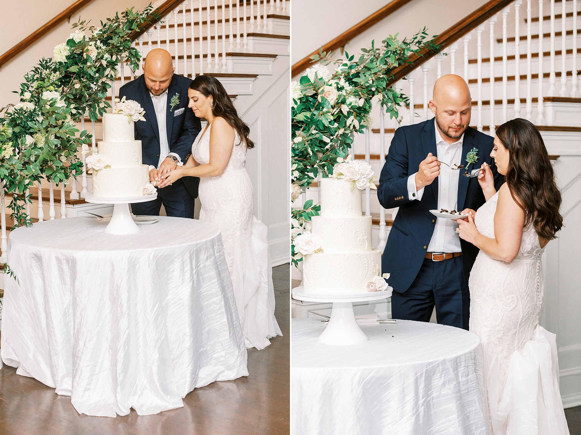 couple cuts wedding cake during NC wedding reception