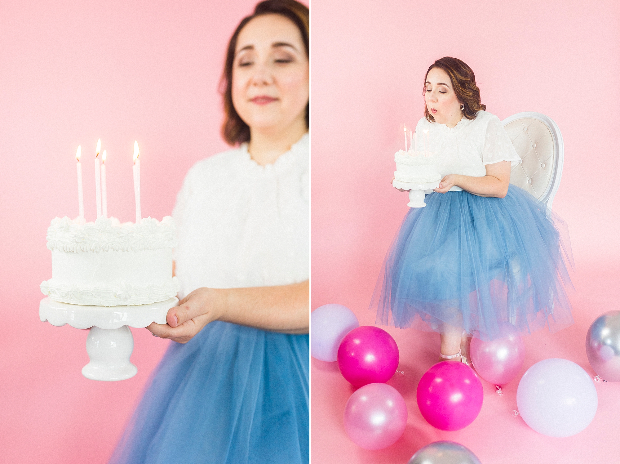 woman sits on pink backdrop during 30th birthday portraits with cake