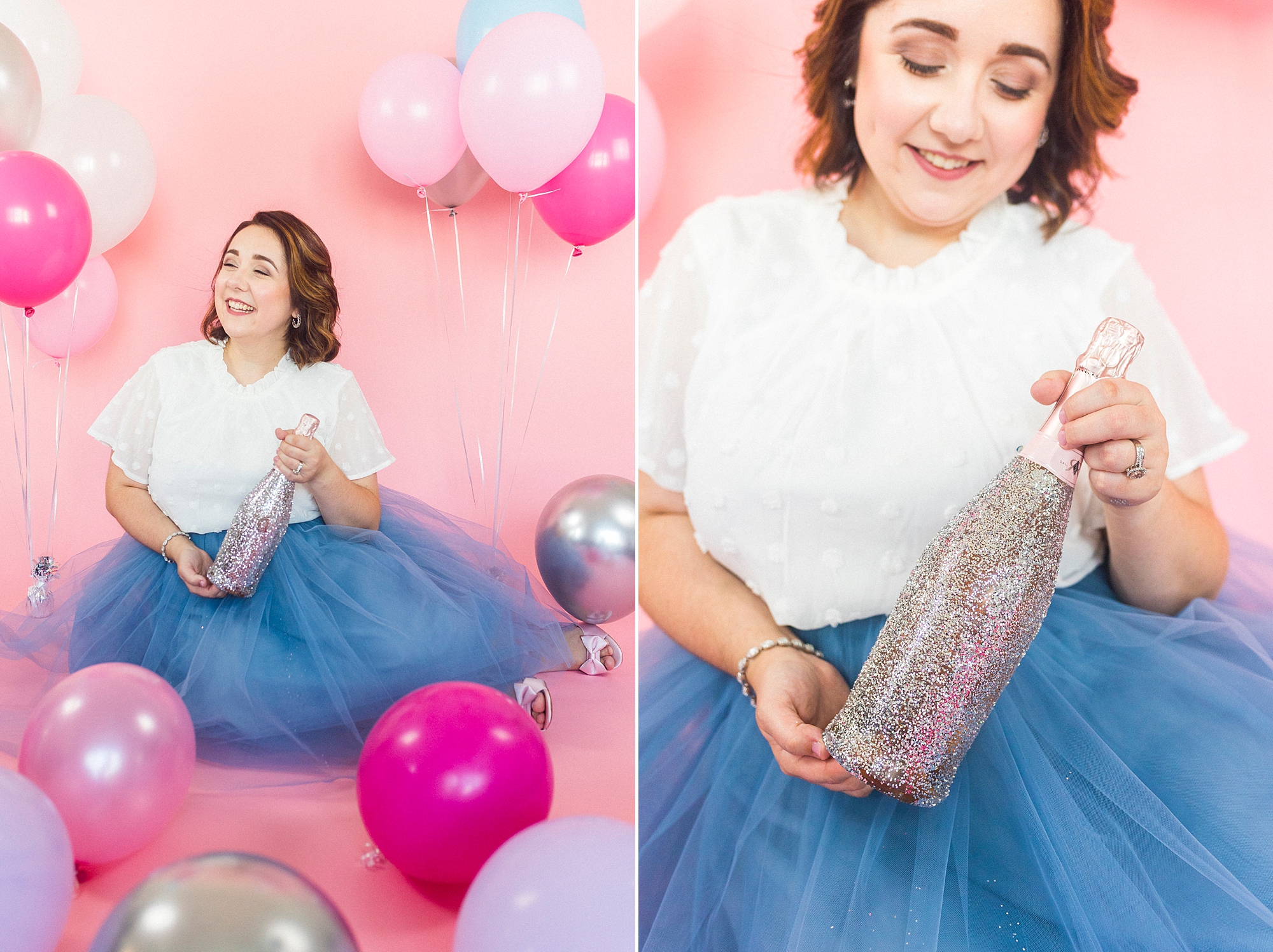 woman holds champagne bottle during 30th birthday portraits