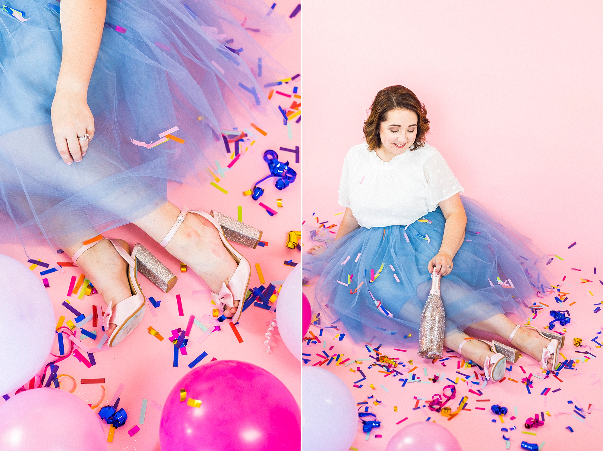 birthday girl sits in blue skirt with confetti