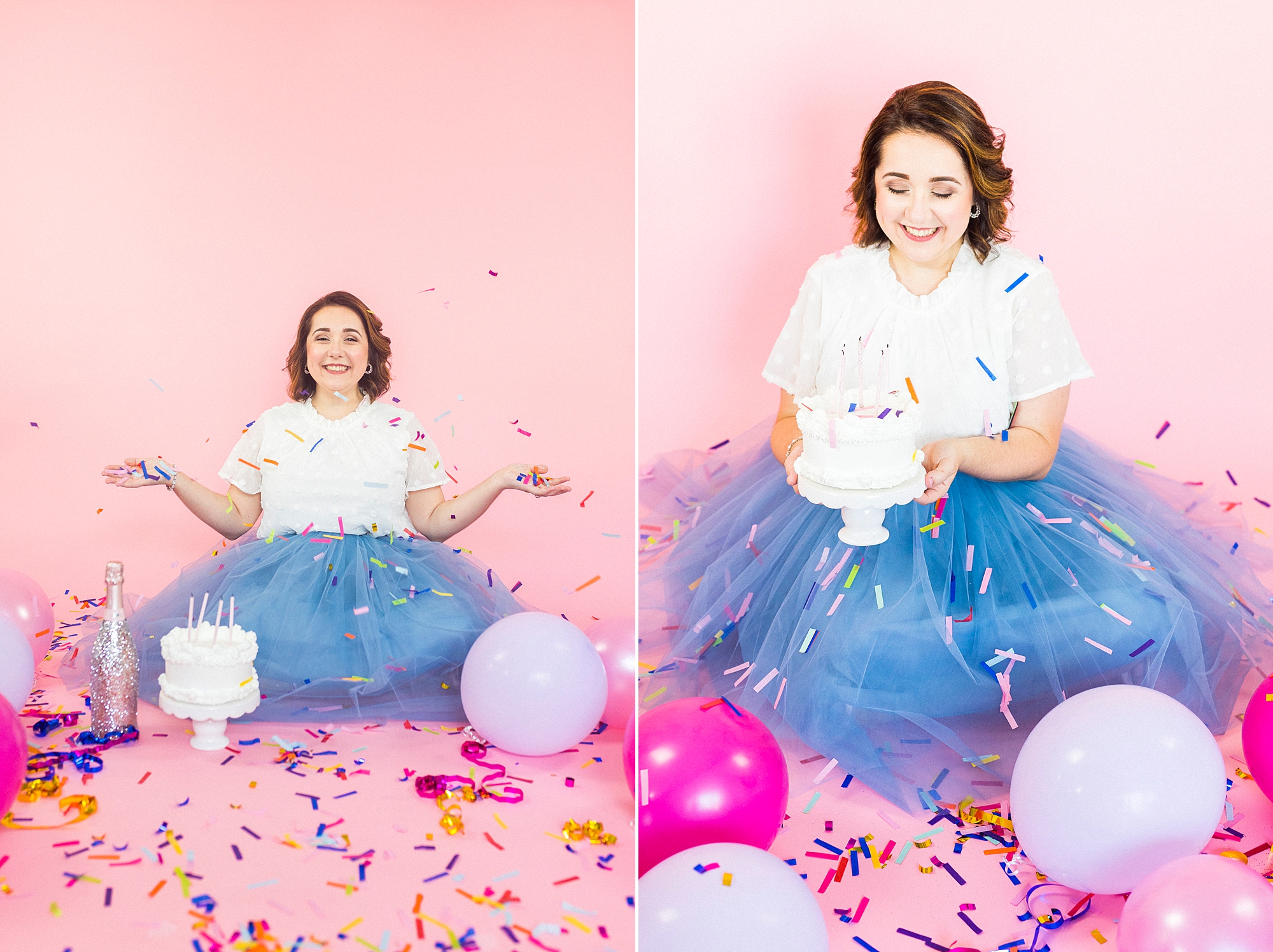 woman sits on pink backdrop tossing confetti