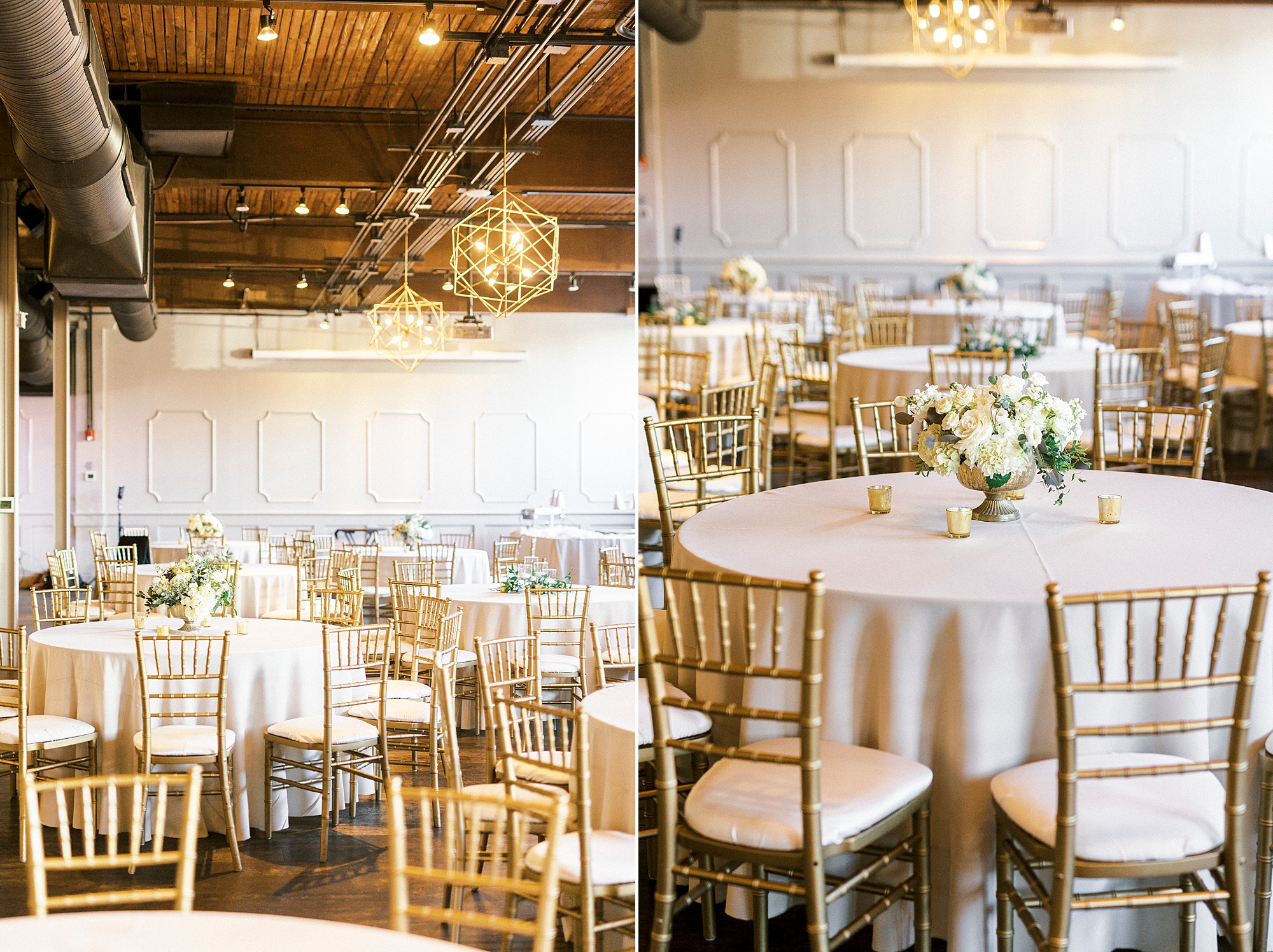 gold and white wedding reception details at Byron's South End