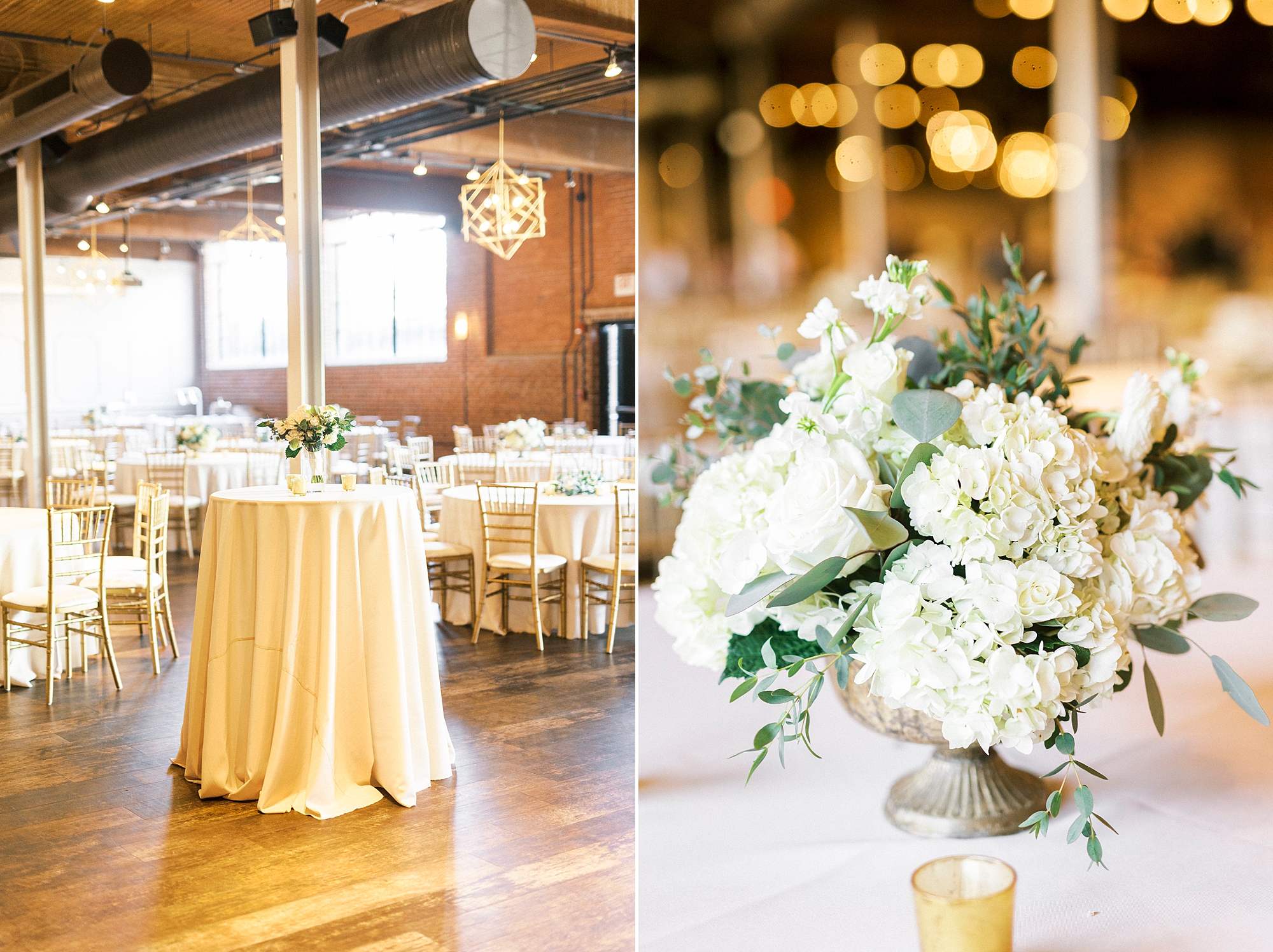 wedding reception with gold and white details at Byron's South End