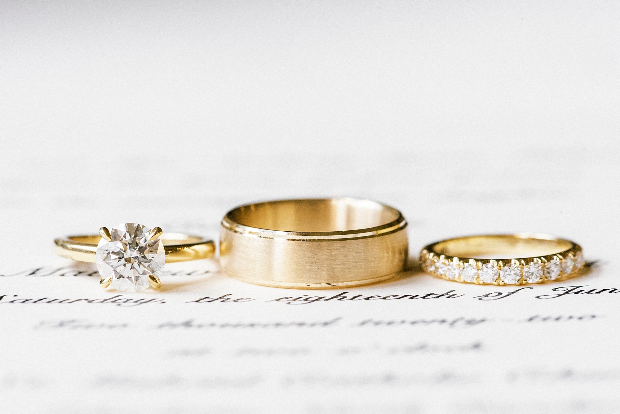 gold wedding bands rest on invitation at Byron's South End