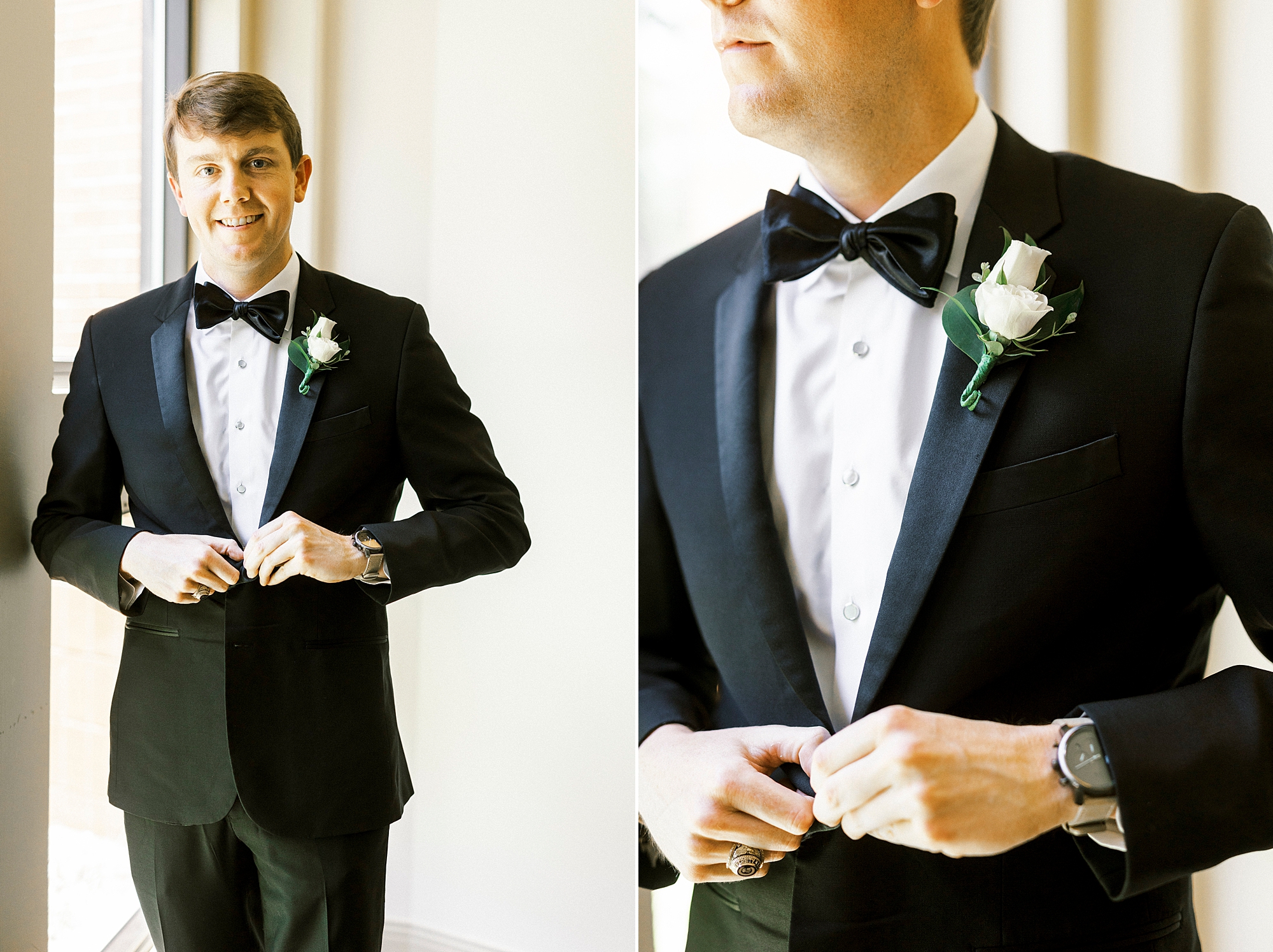 groom adjusts buttons on classic suit jacket in Charlotte 