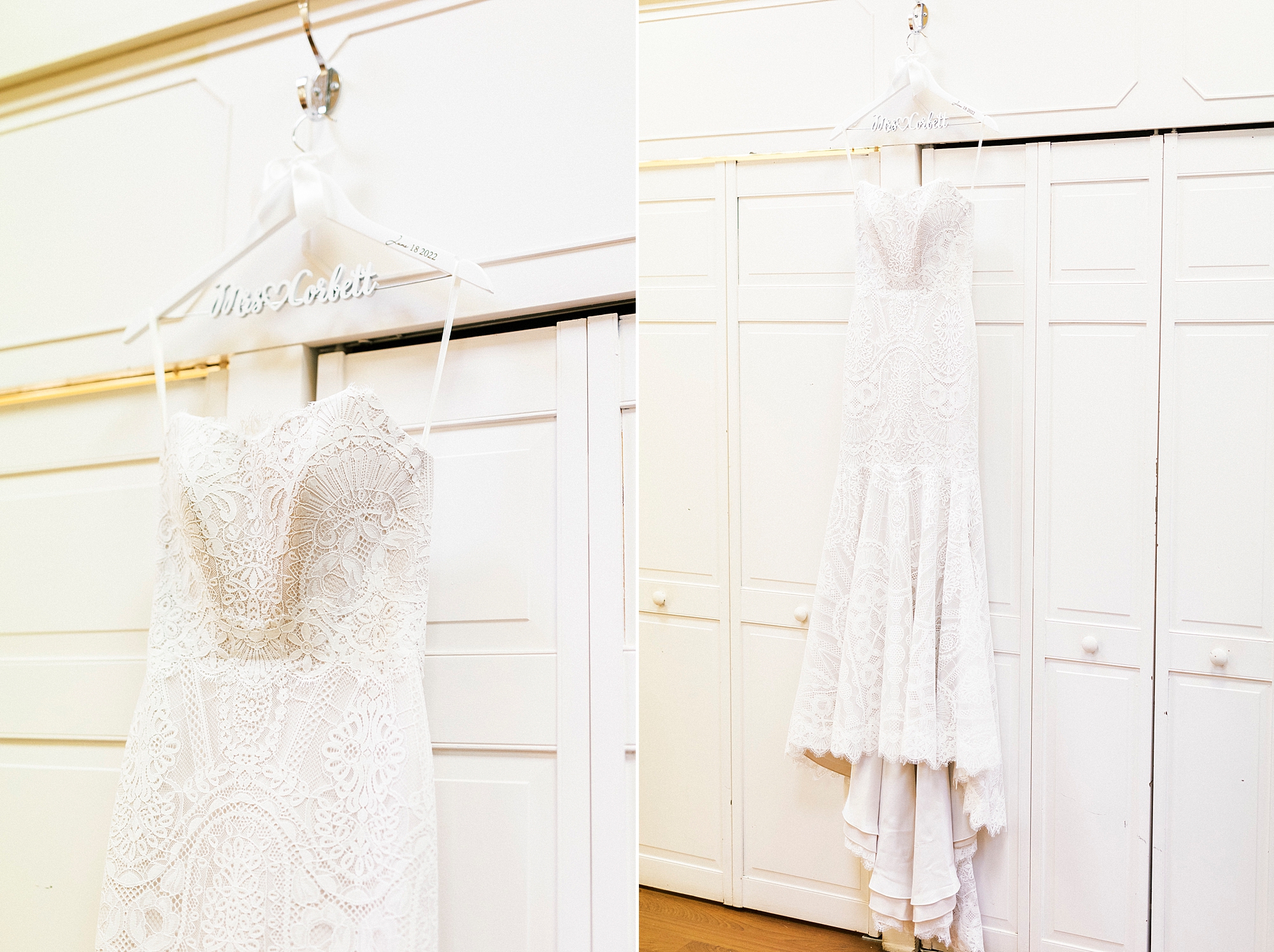 bride's wedding dress hangs in Charlotte hotel