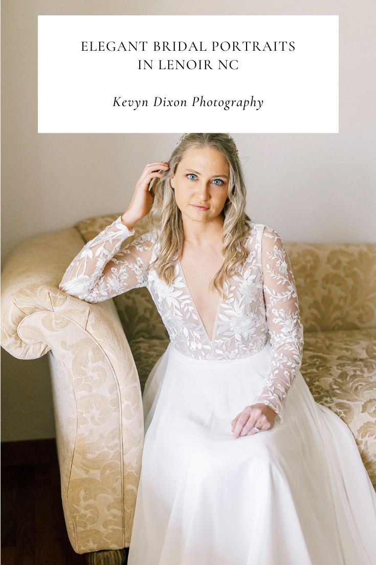 Elegant Bridal Portraits for bride-to-be with lace bodice gown at family farm in Lenoir NC photographed by Kevyn Dixon Photography