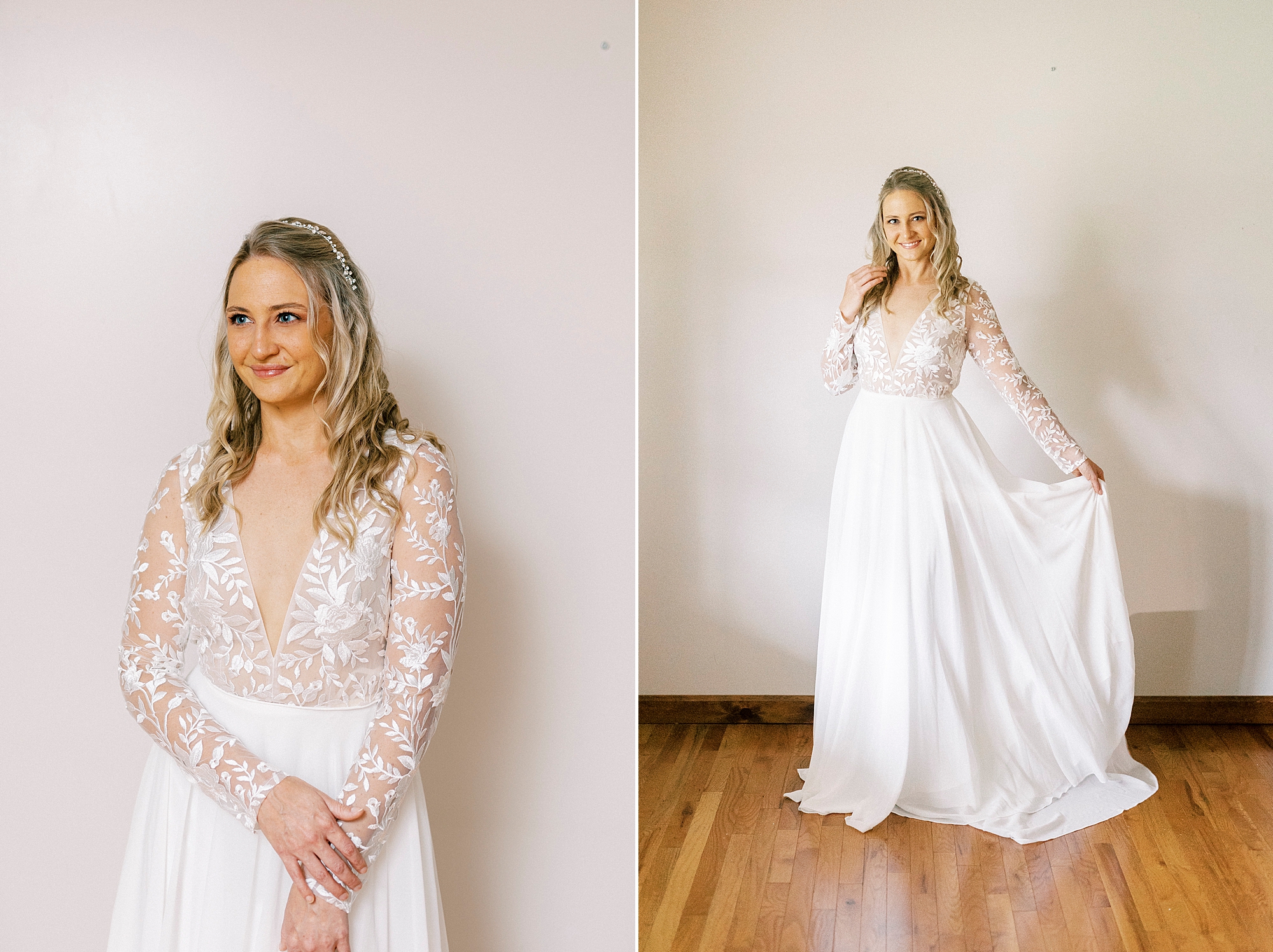 bride poses against wall during bridal portraits at home