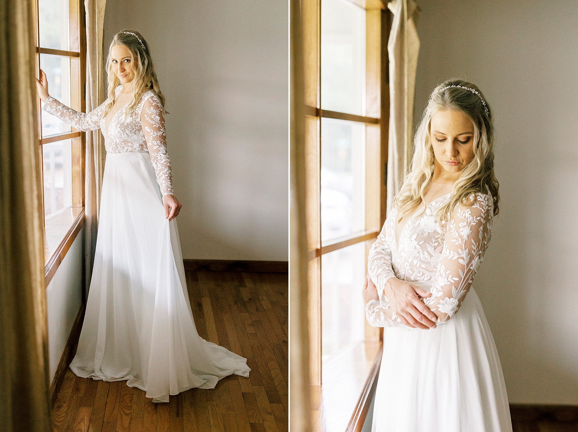 bride in wedding gown with lace bodice poses by wooden window 