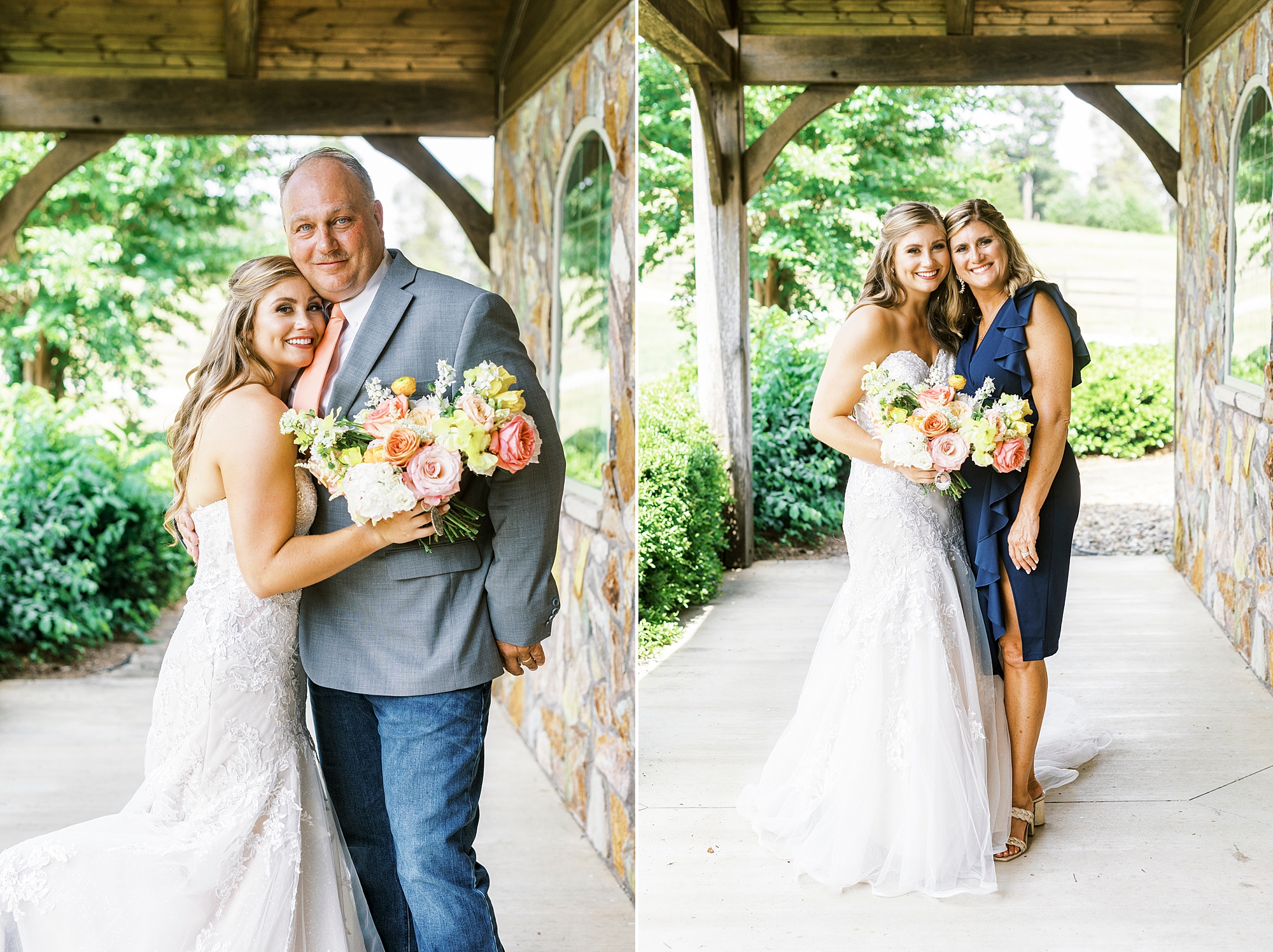 bride poses with parents at The Stable at Riverview
