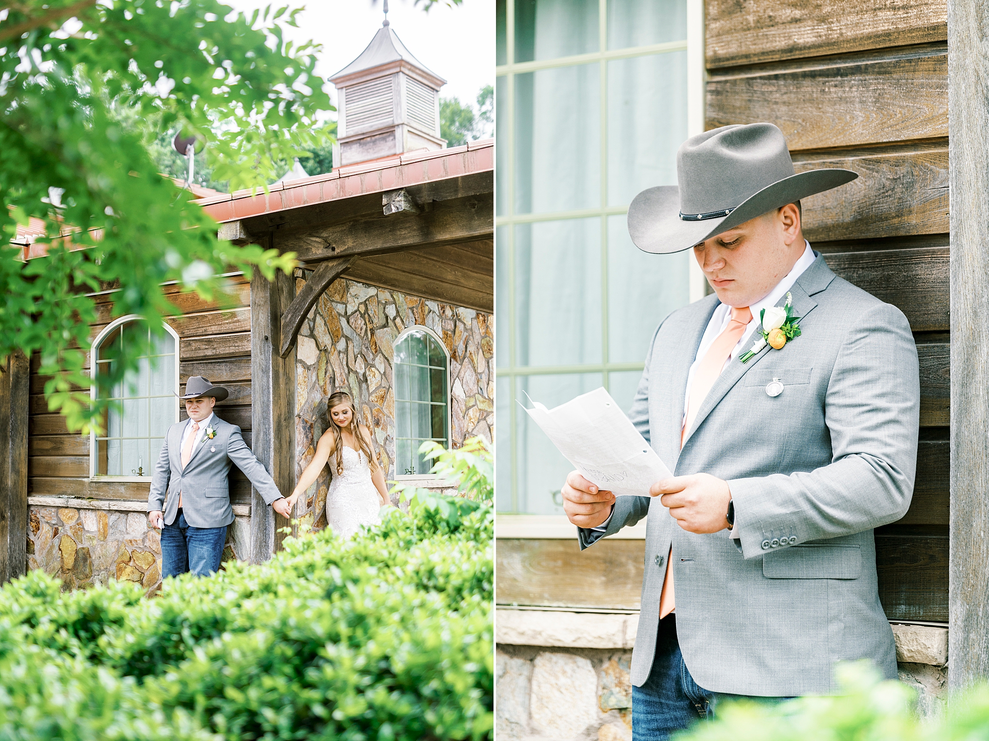 groom and bride read letters around corner during first touch at The Stable at Riverview