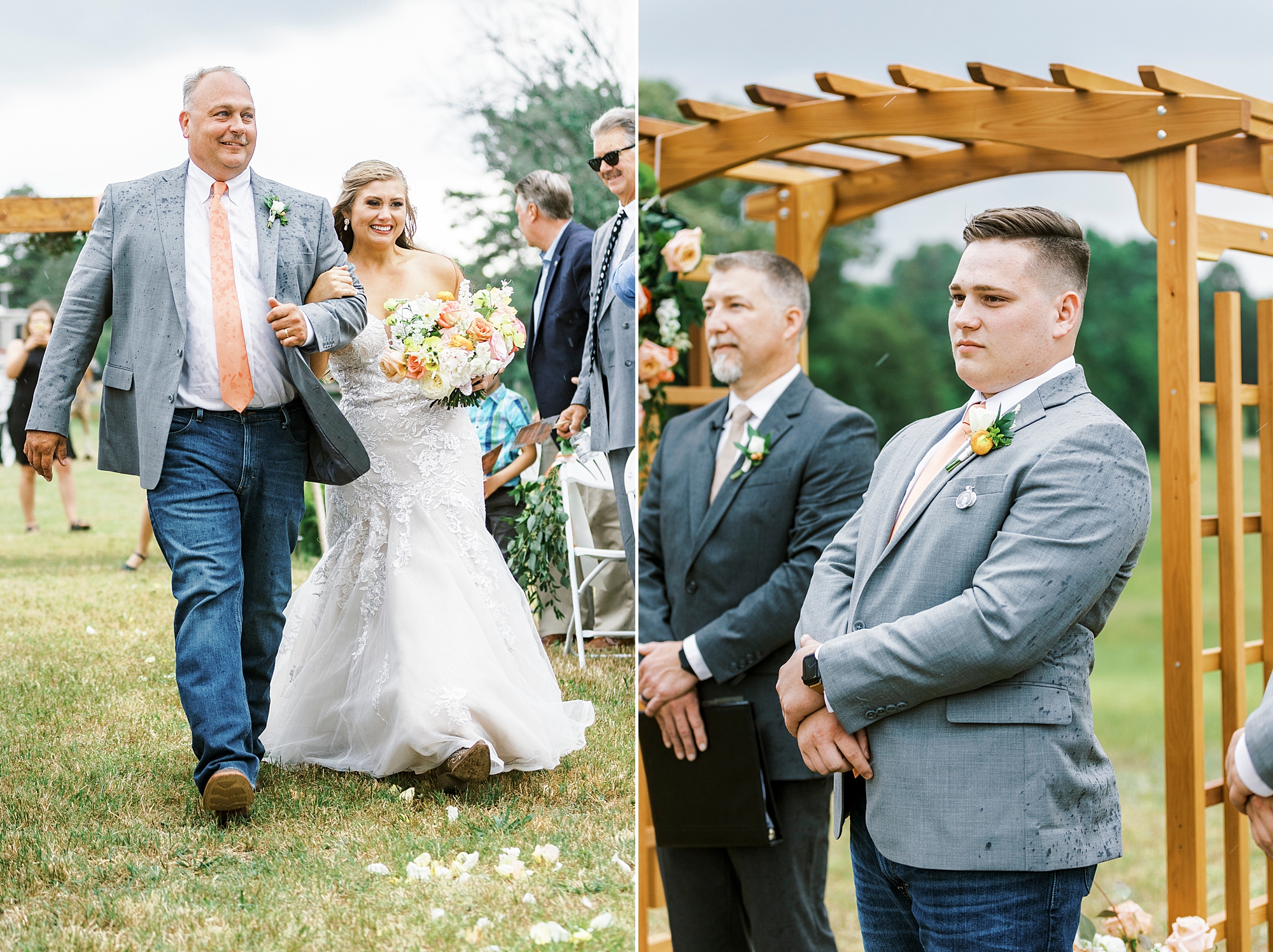 groom watches bride walk down aisle for rainy wedding ceremony at The Stable at Riverview