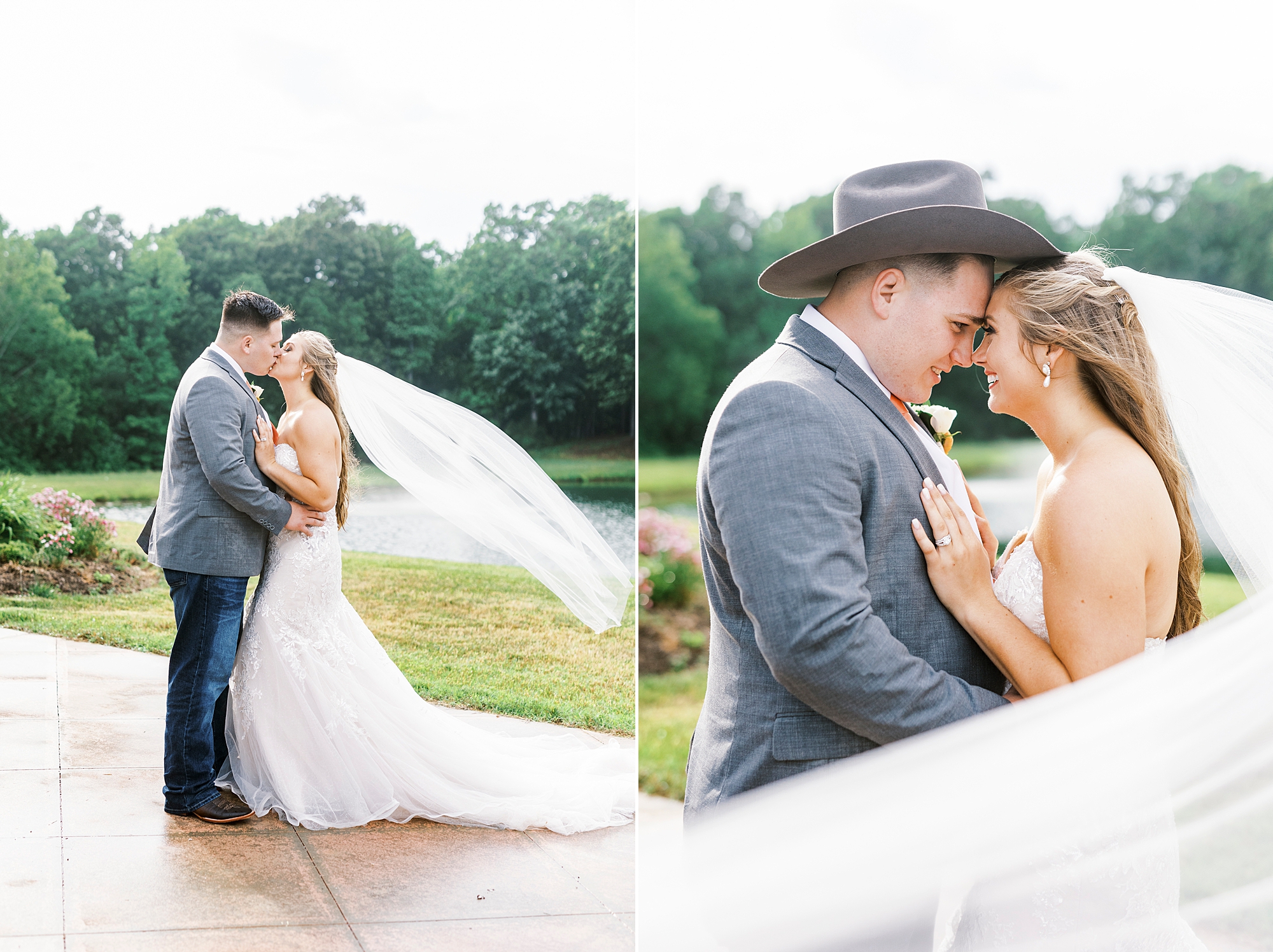 bride and groom hug together on patio at The Stable at Riverview