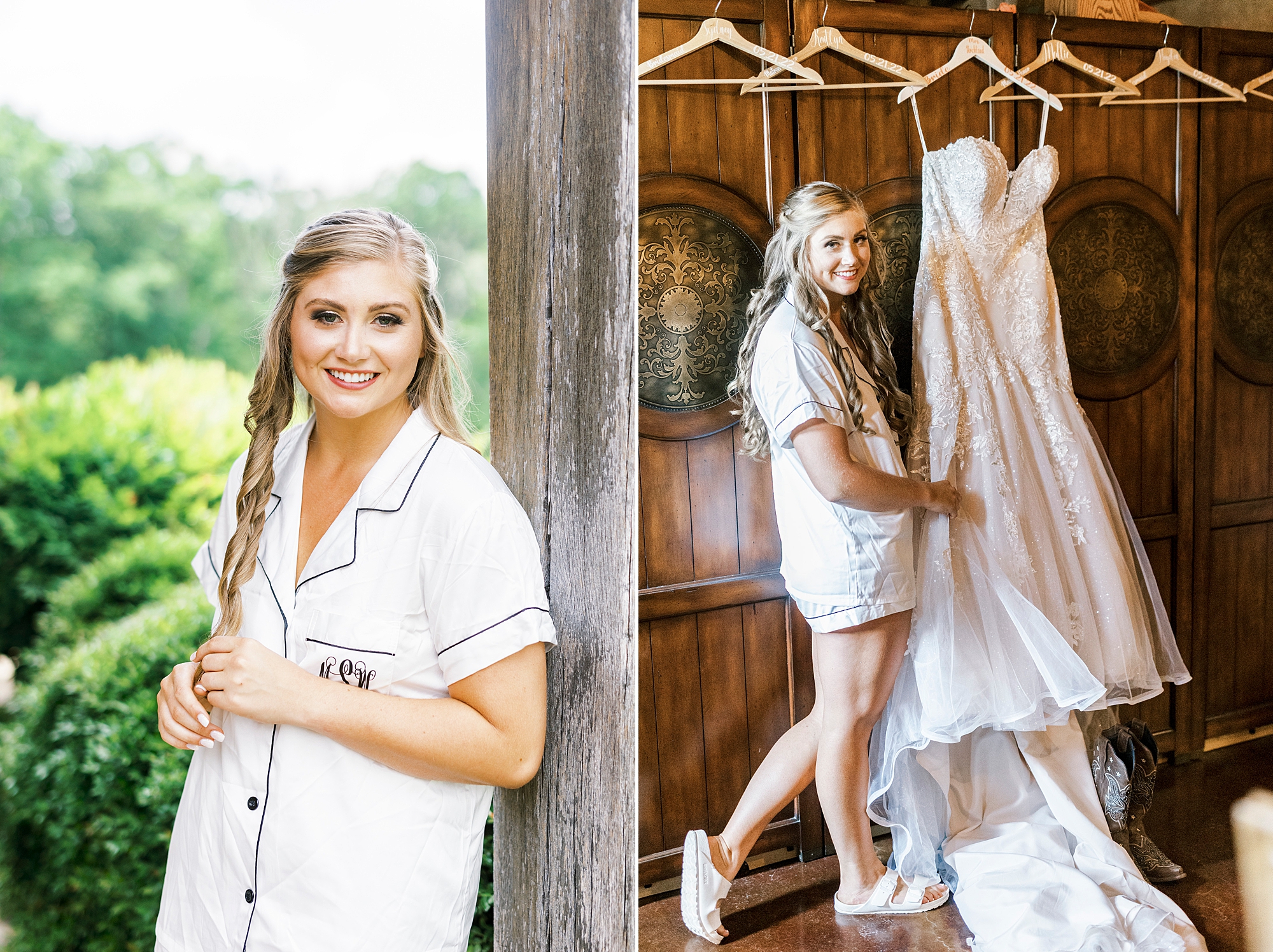 bride poses with wedding gown hanging in barn at The Stable at Riverview