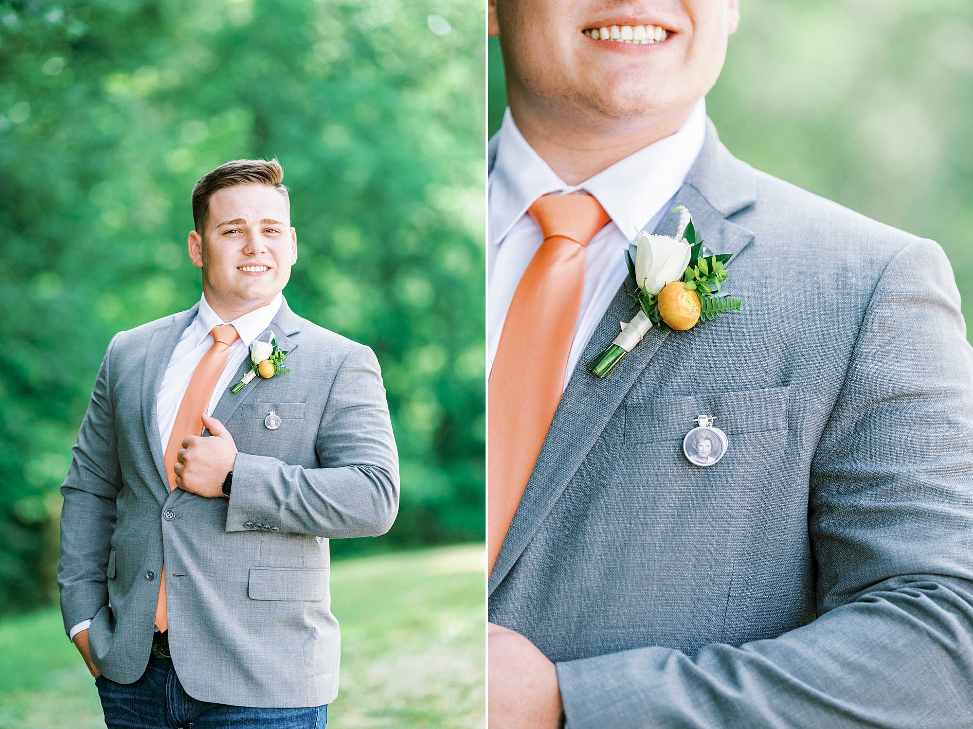 groom poses in grey suit with coral tie for The Stable at Riverview wedding