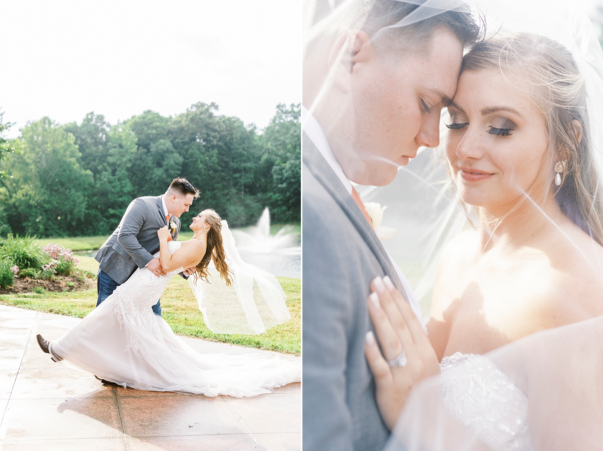 groom dips bride during portraits by pond
