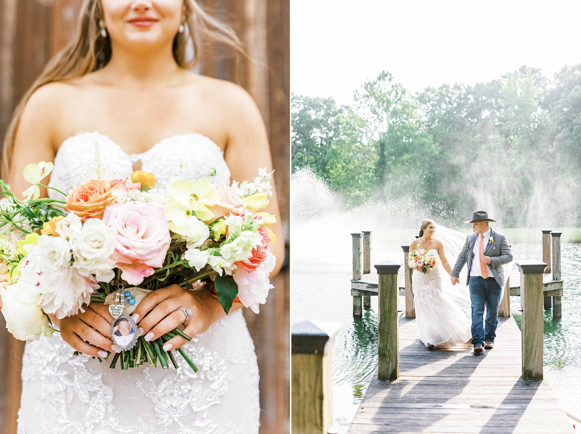 newlyweds walk up wooden dock at The Stable at Riverview