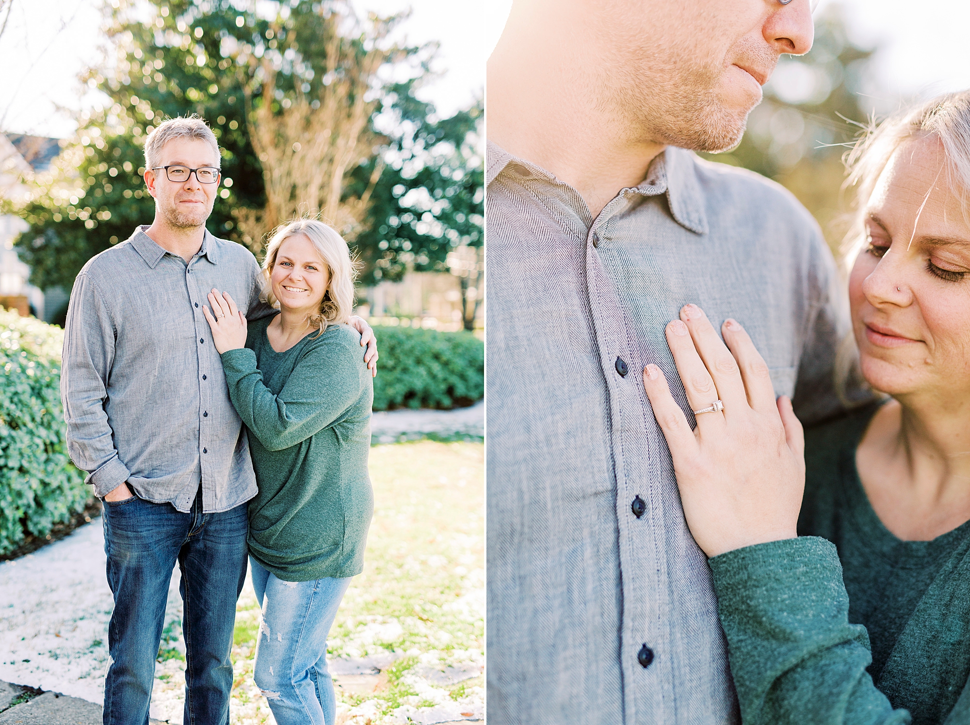 bride leans against groom's chest during fall Downtown Monroe engagement portraits