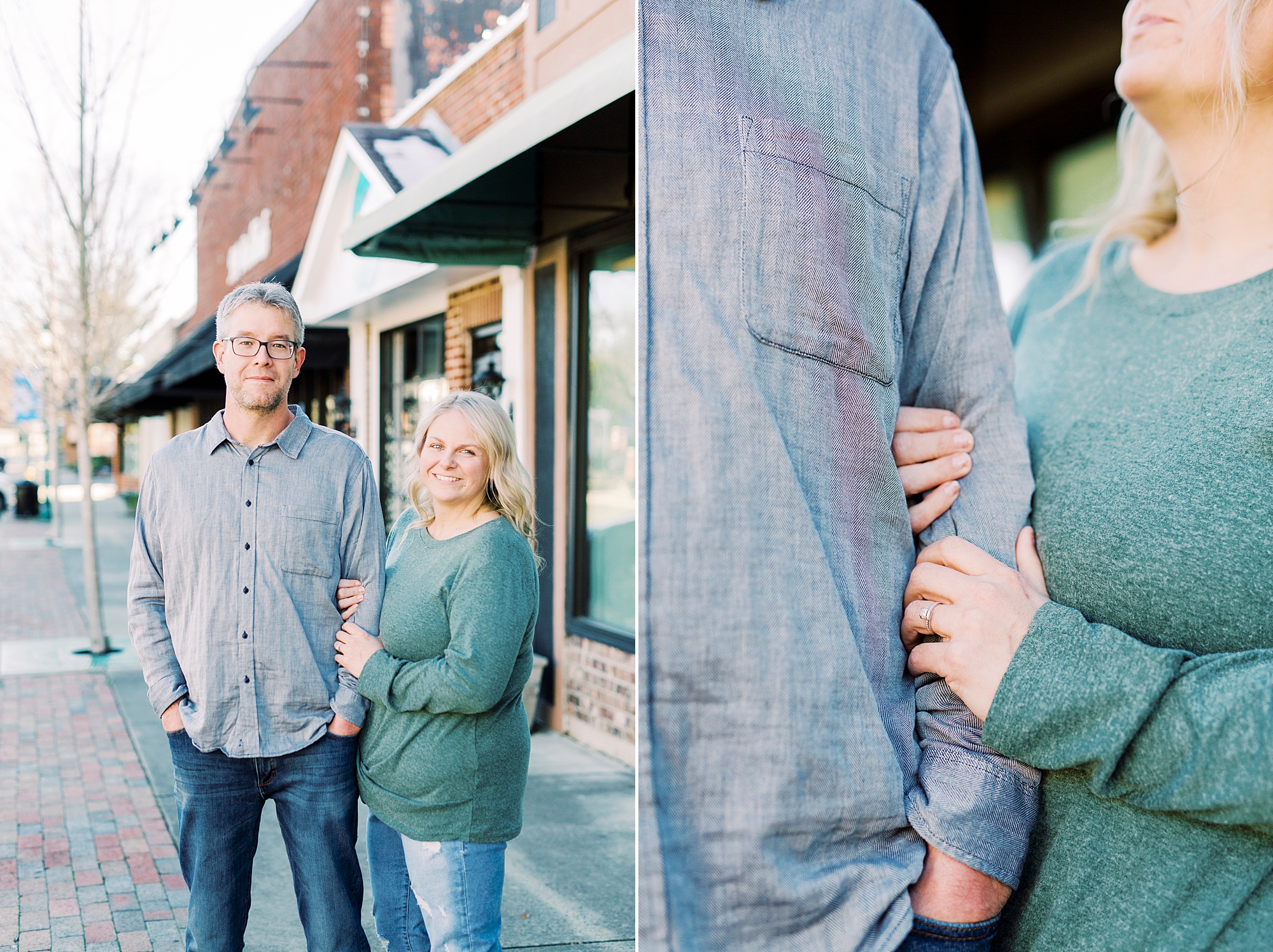 bride holds onto groom's arm during Downtown Monroe engagement portraits