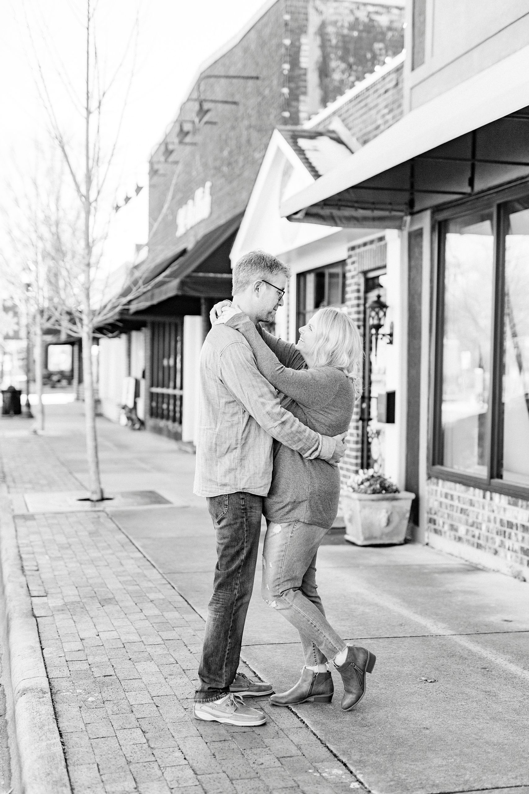 casual fall Downtown Monroe engagement portraits