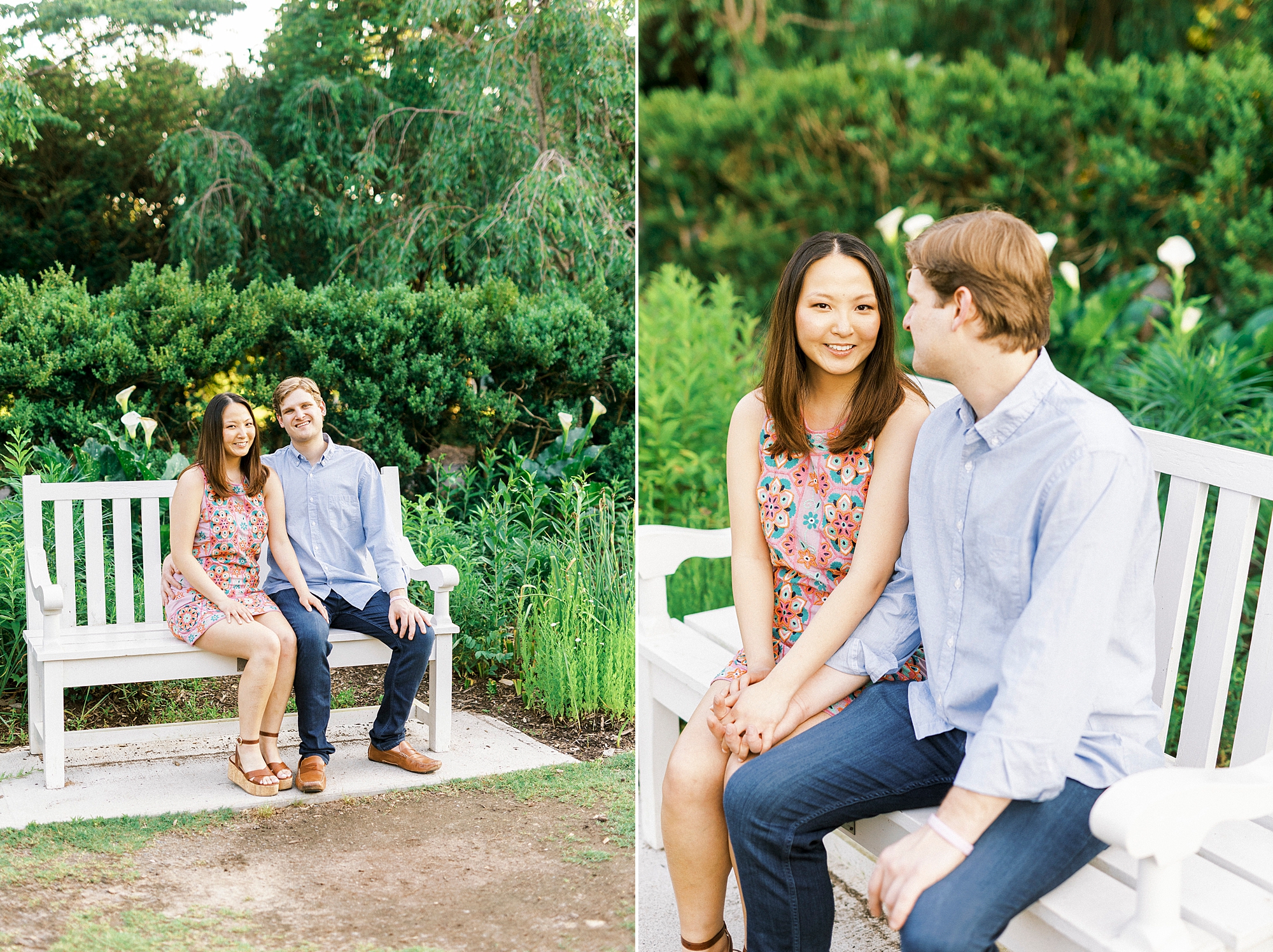 engaged couple sits on wooden bench in Reynolda Gardens holding hands