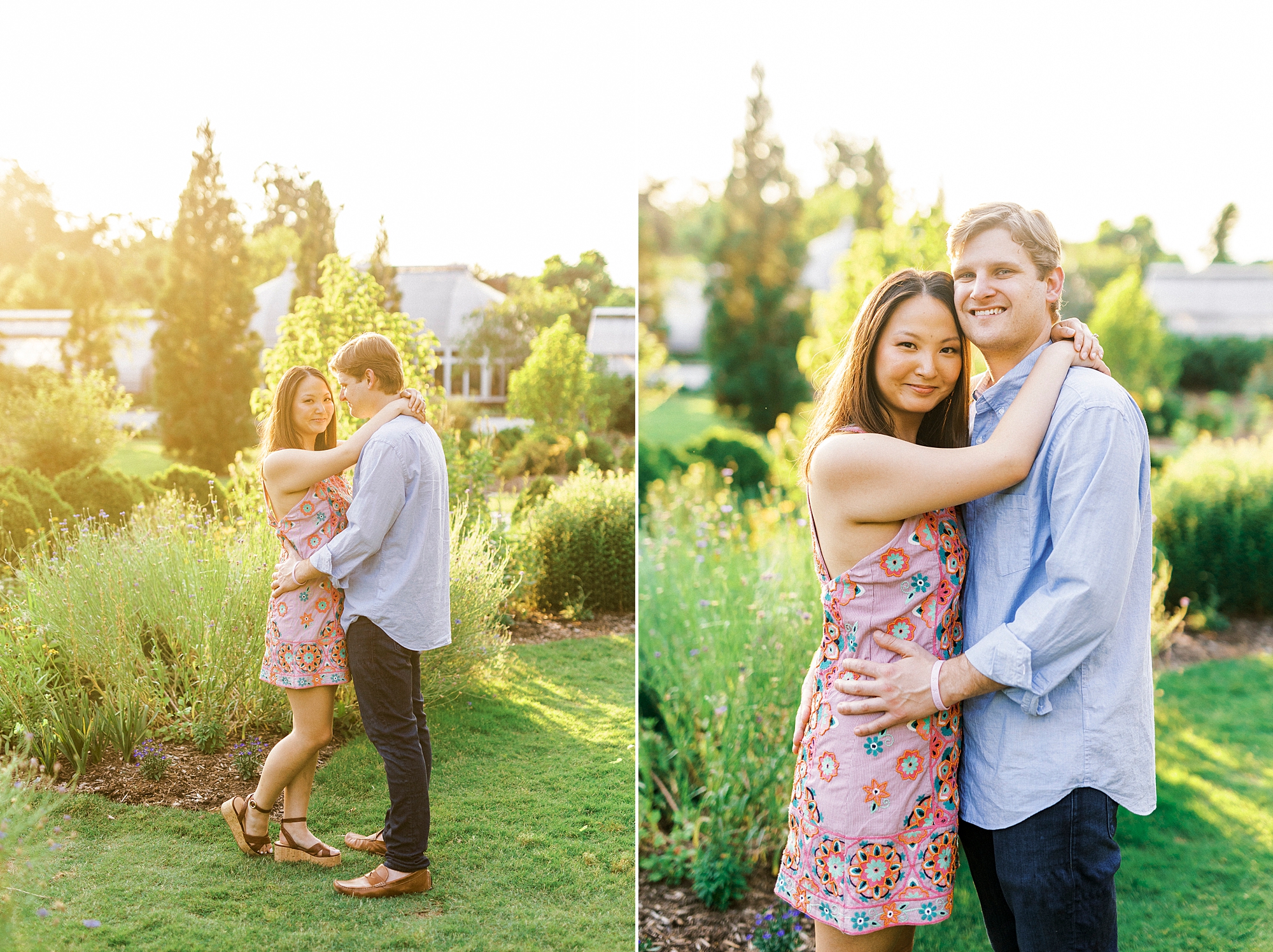 engaged couple stands among garden in Winston-Salem hugging