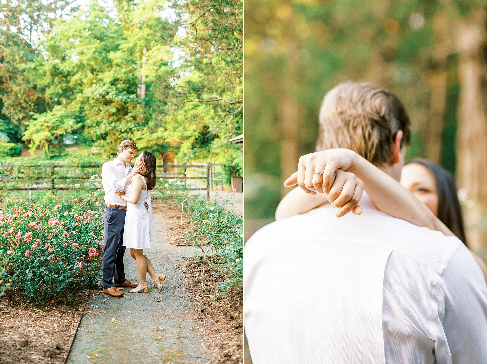 couple kisses on trail with leaves around them at Reynolda Gardens