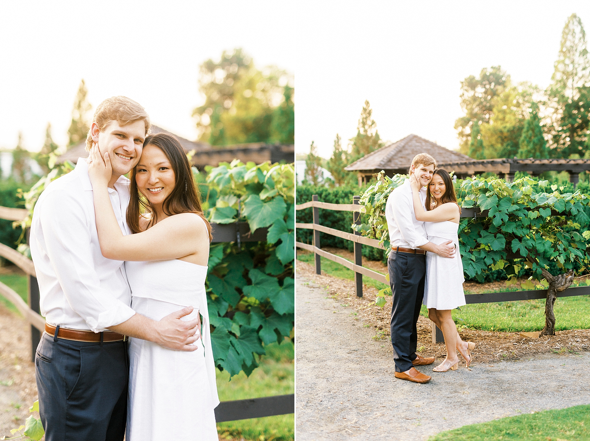 couple hugs by vines in Reynolda Gardens