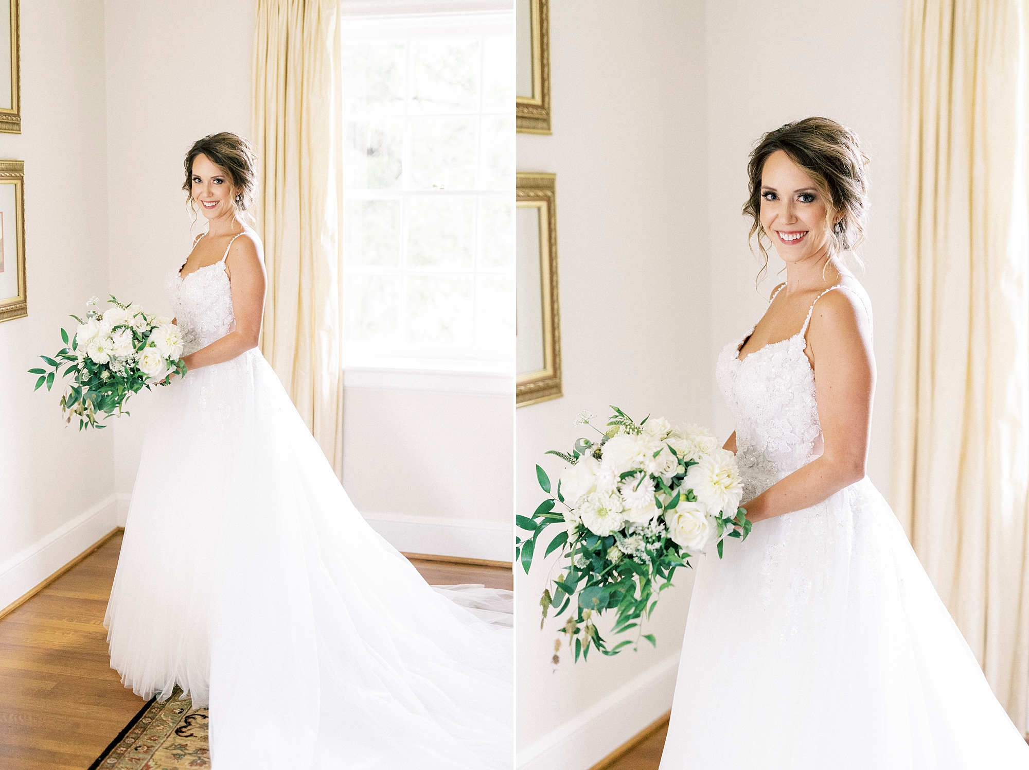 bride poses in suite at Boxwood Estate with bouquet and wedding gown