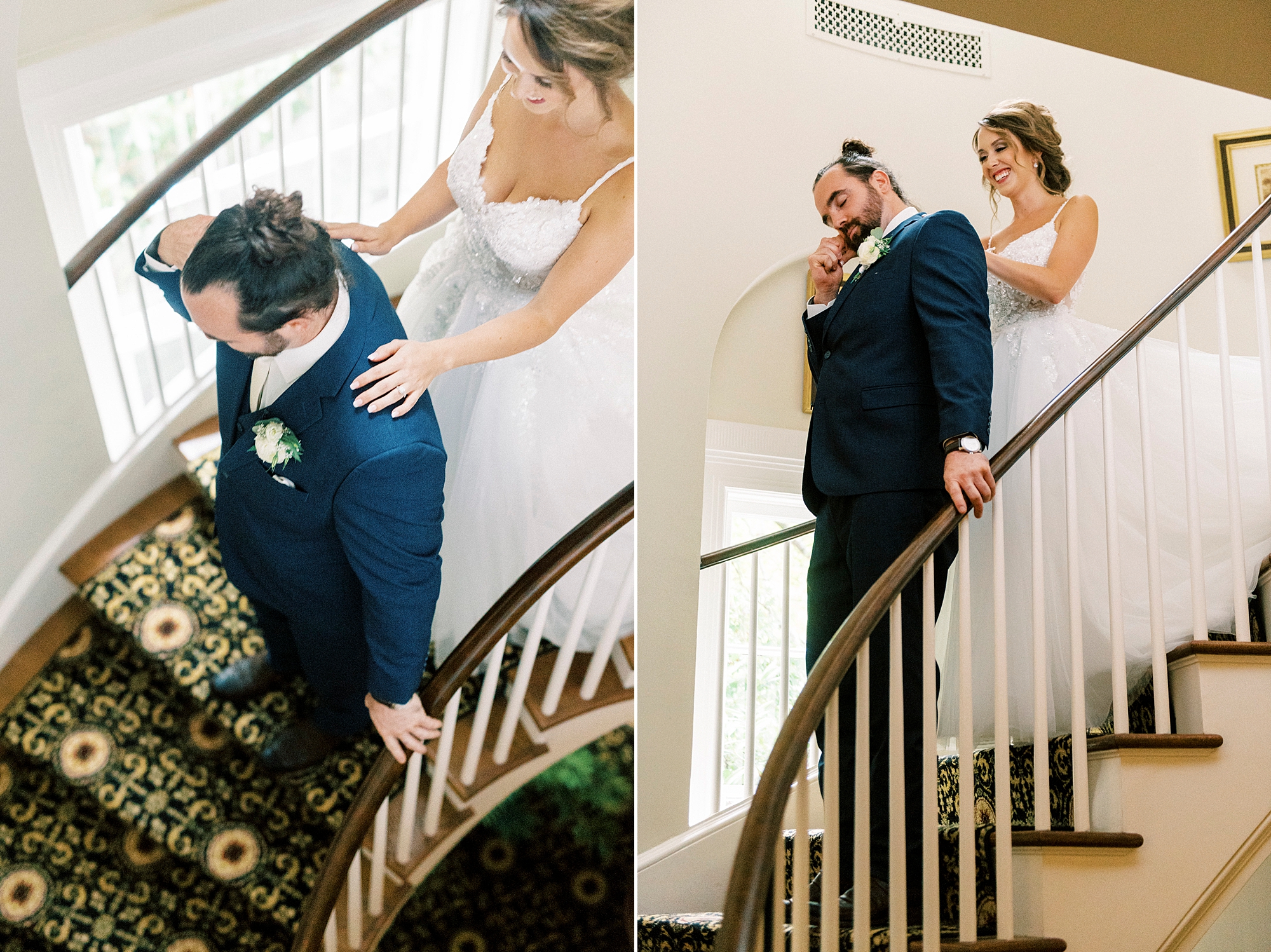 groom stands on steps with bride behind him for first touch at Boxwood Estate