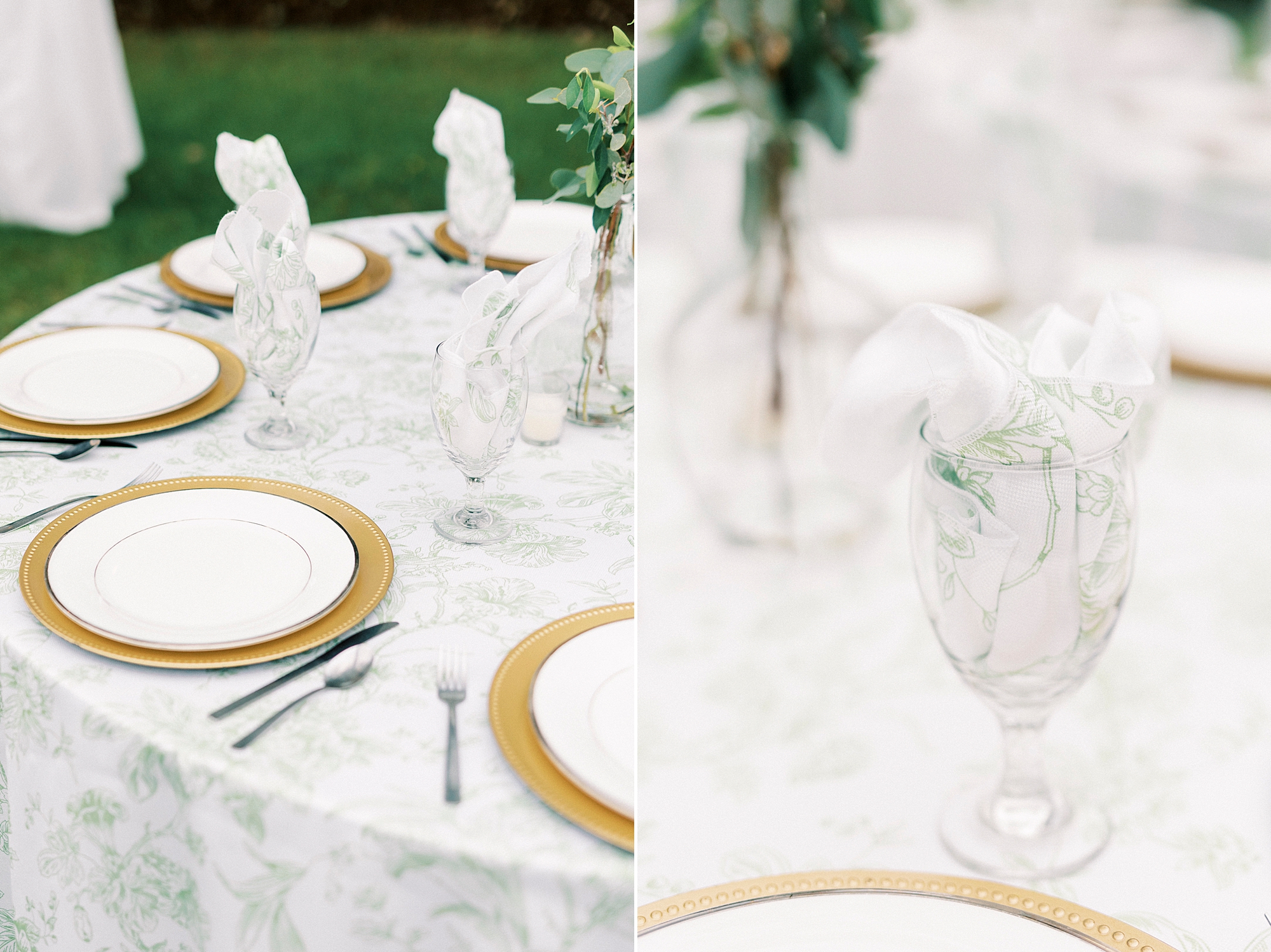 reception place settings with gold and white details 