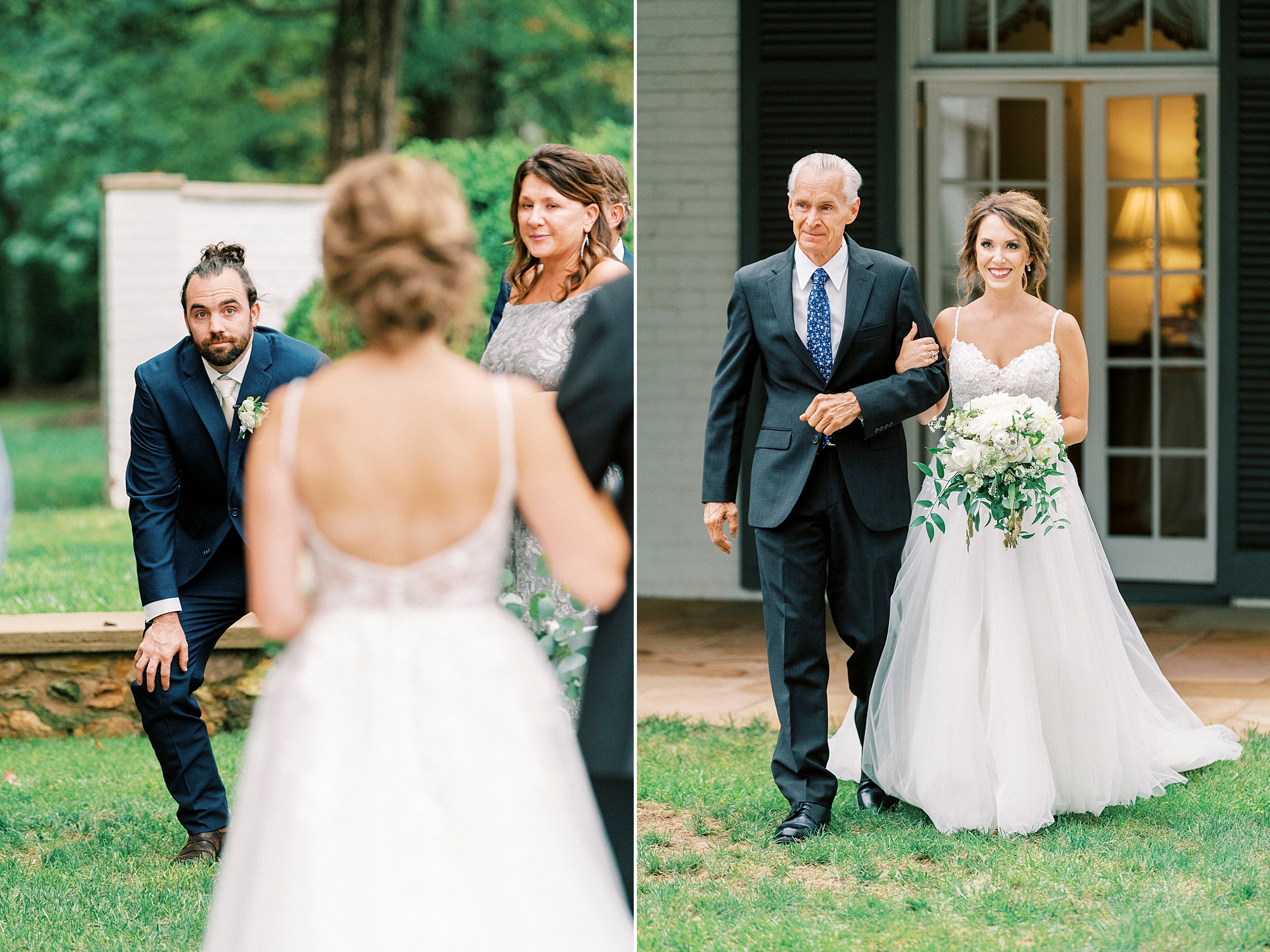 groom reacts to seeing bride walk down aisle at Boxwood Estate