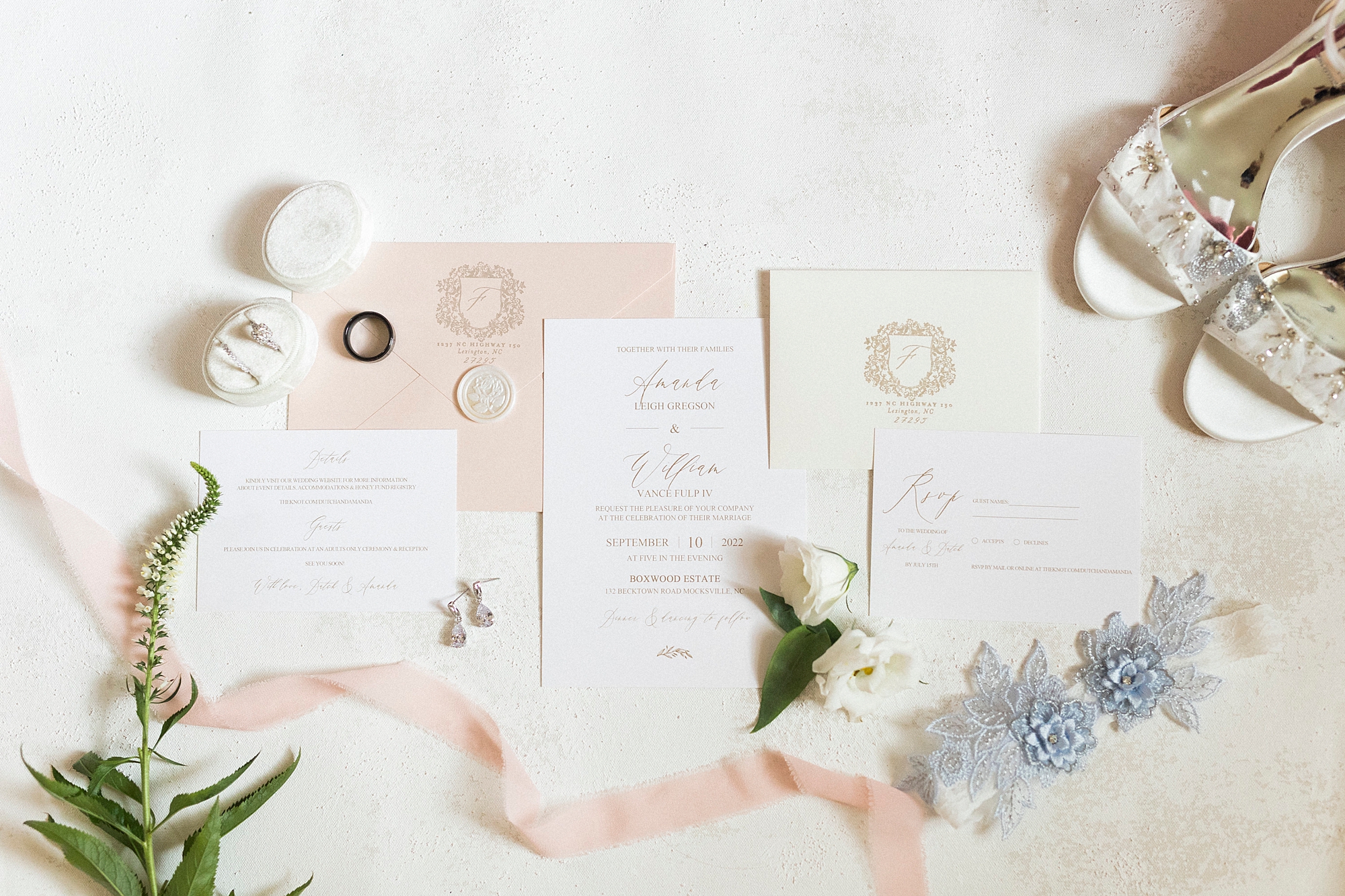 pastel pink and ivory invitation suite for summer Boxwood Estate wedding