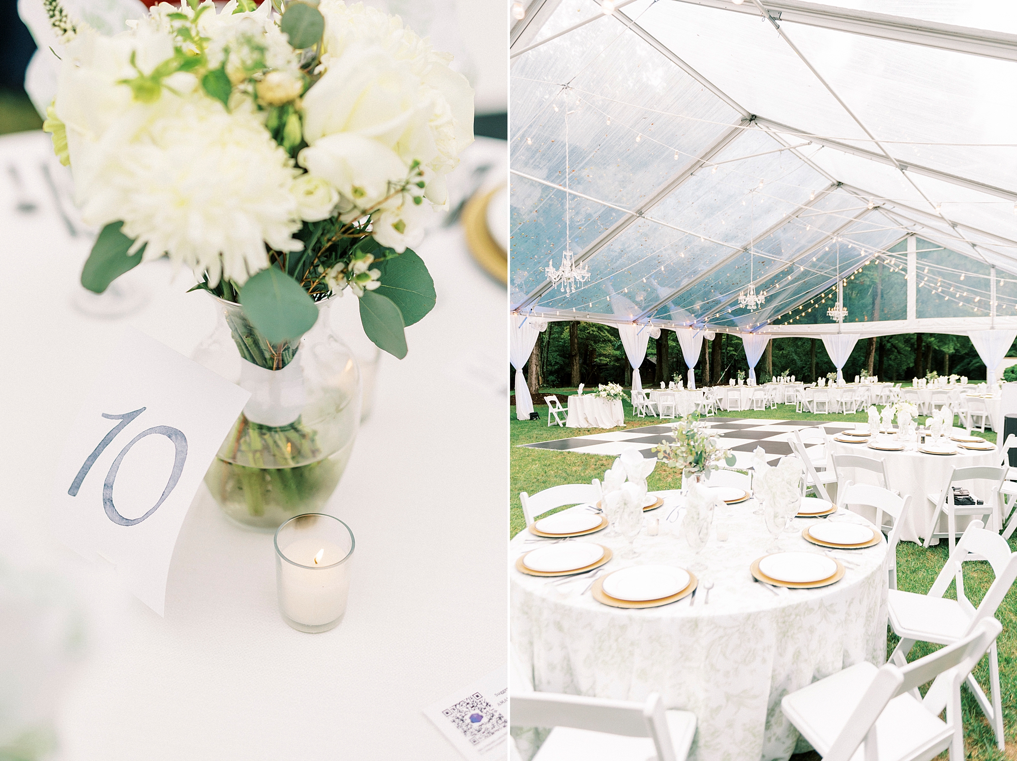 tented wedding reception with ivory and gold details at Boxwood Estate