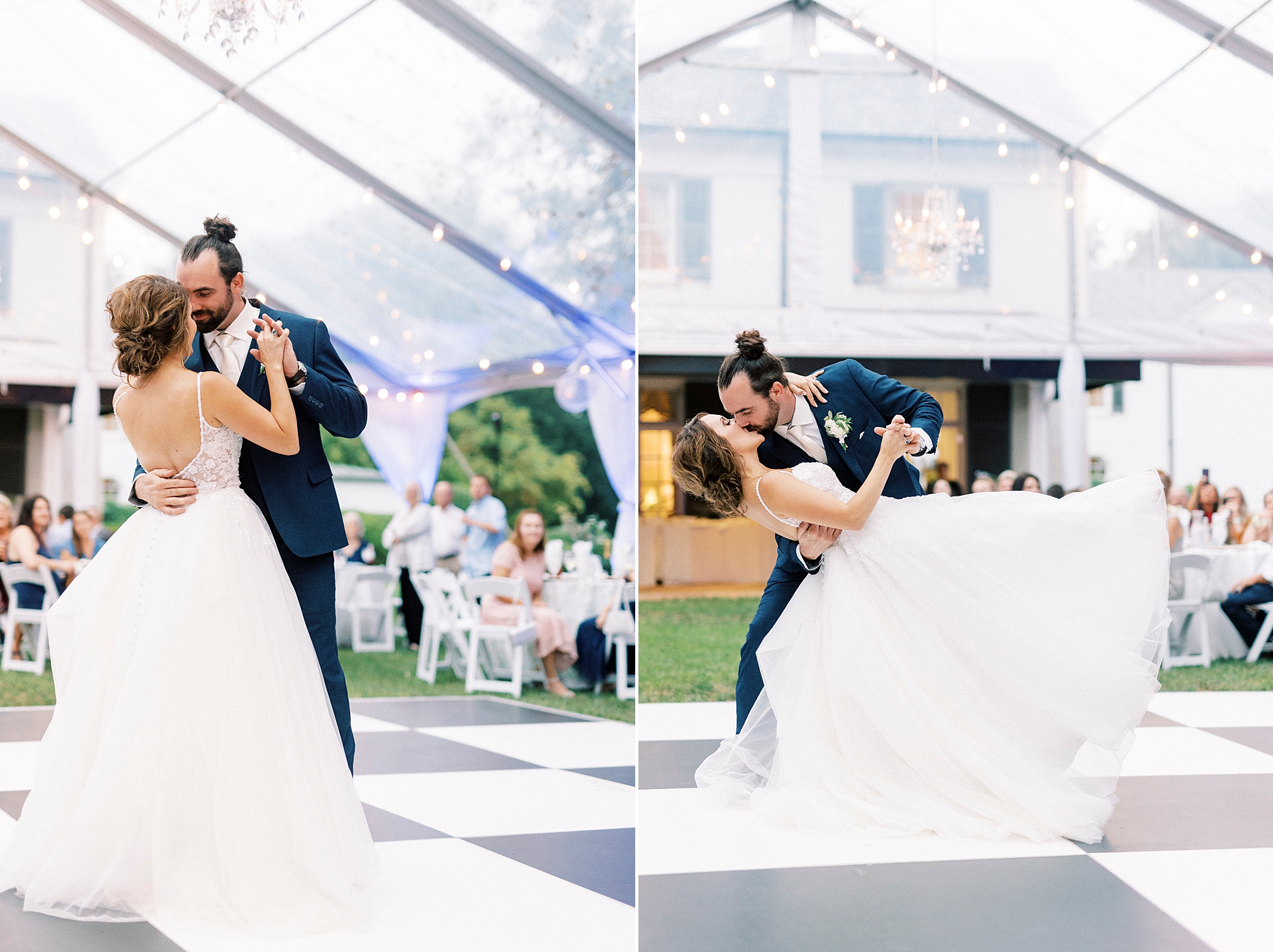 bride and groom dance on checked floor at Boxwood Estate