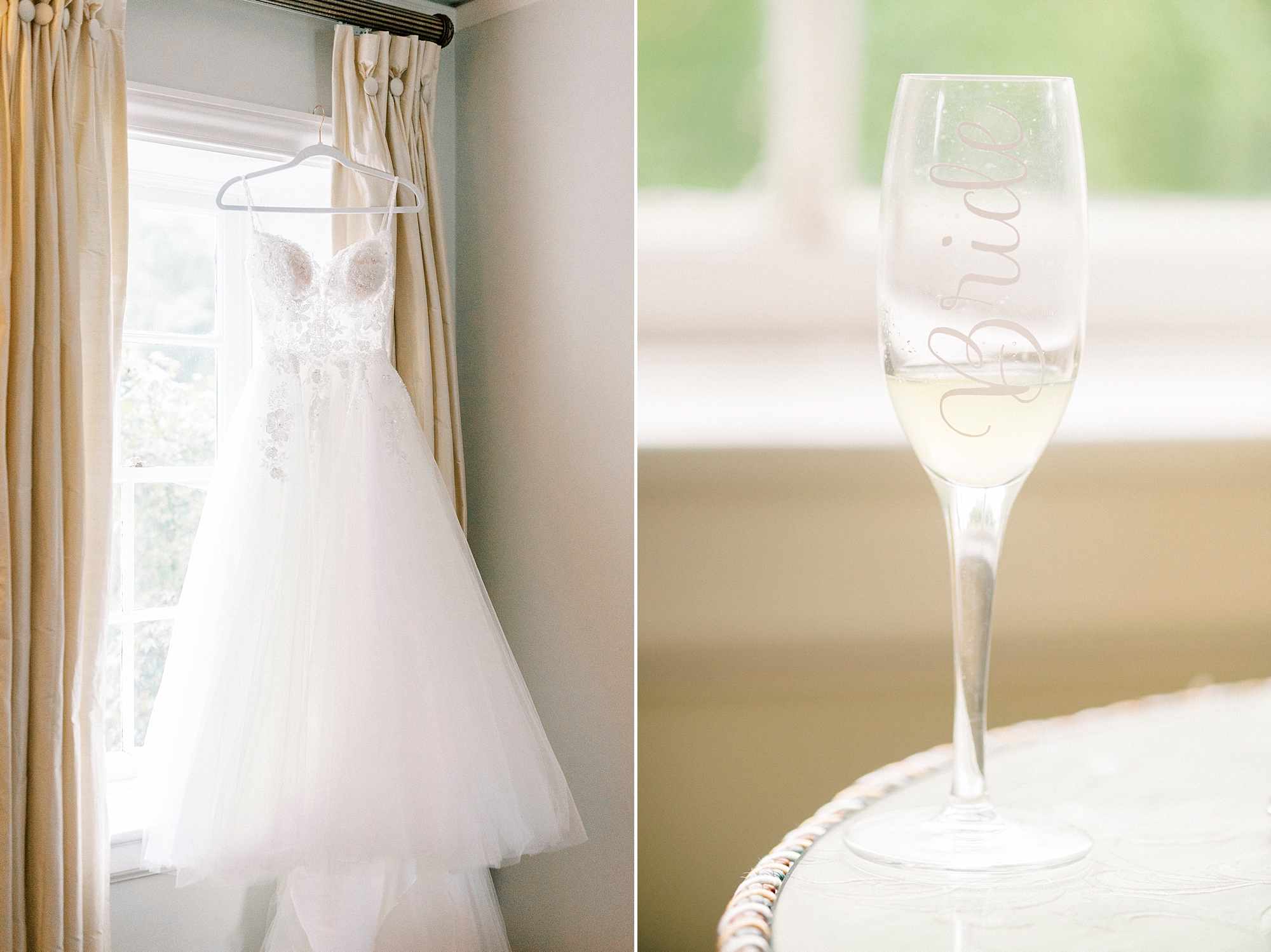 bride's dress hangs in window at Boxwood Estate