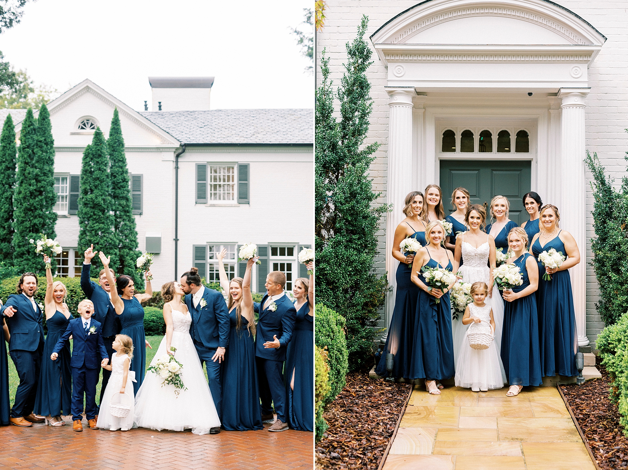 bride stands with bridesmaids in navy gowns