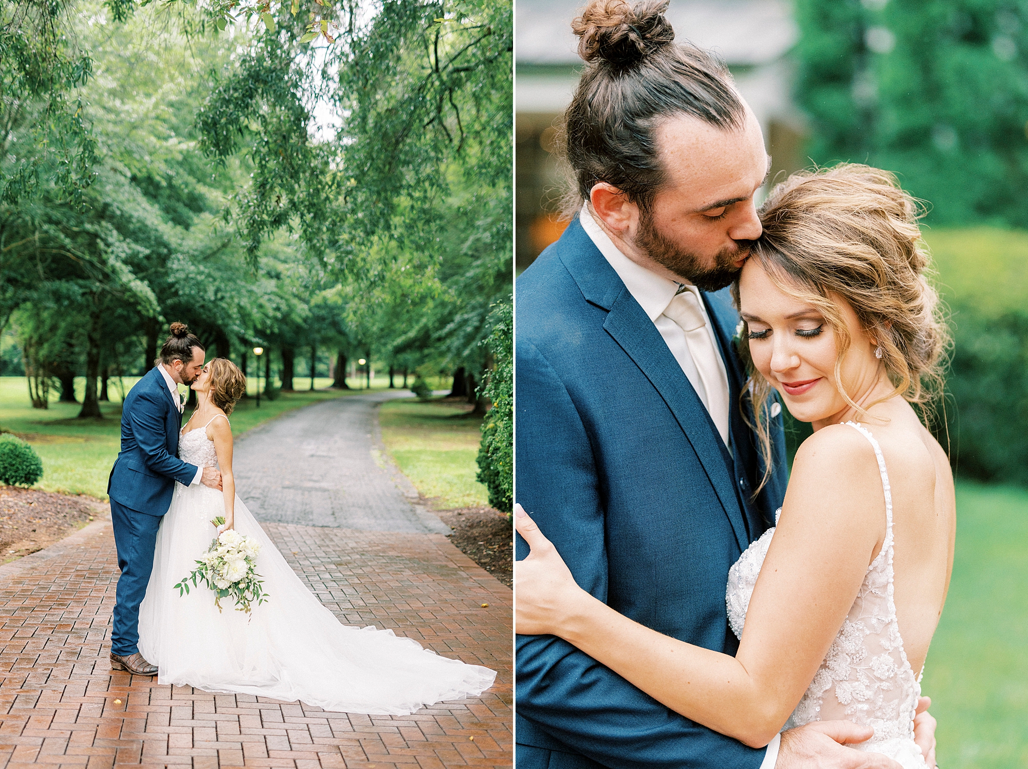 groom kisses bride's forehead during portraits at Boxwood Estate