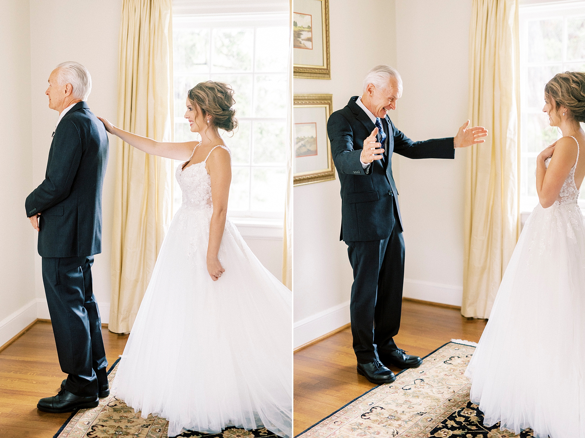 bride taps father's shoulder during first look