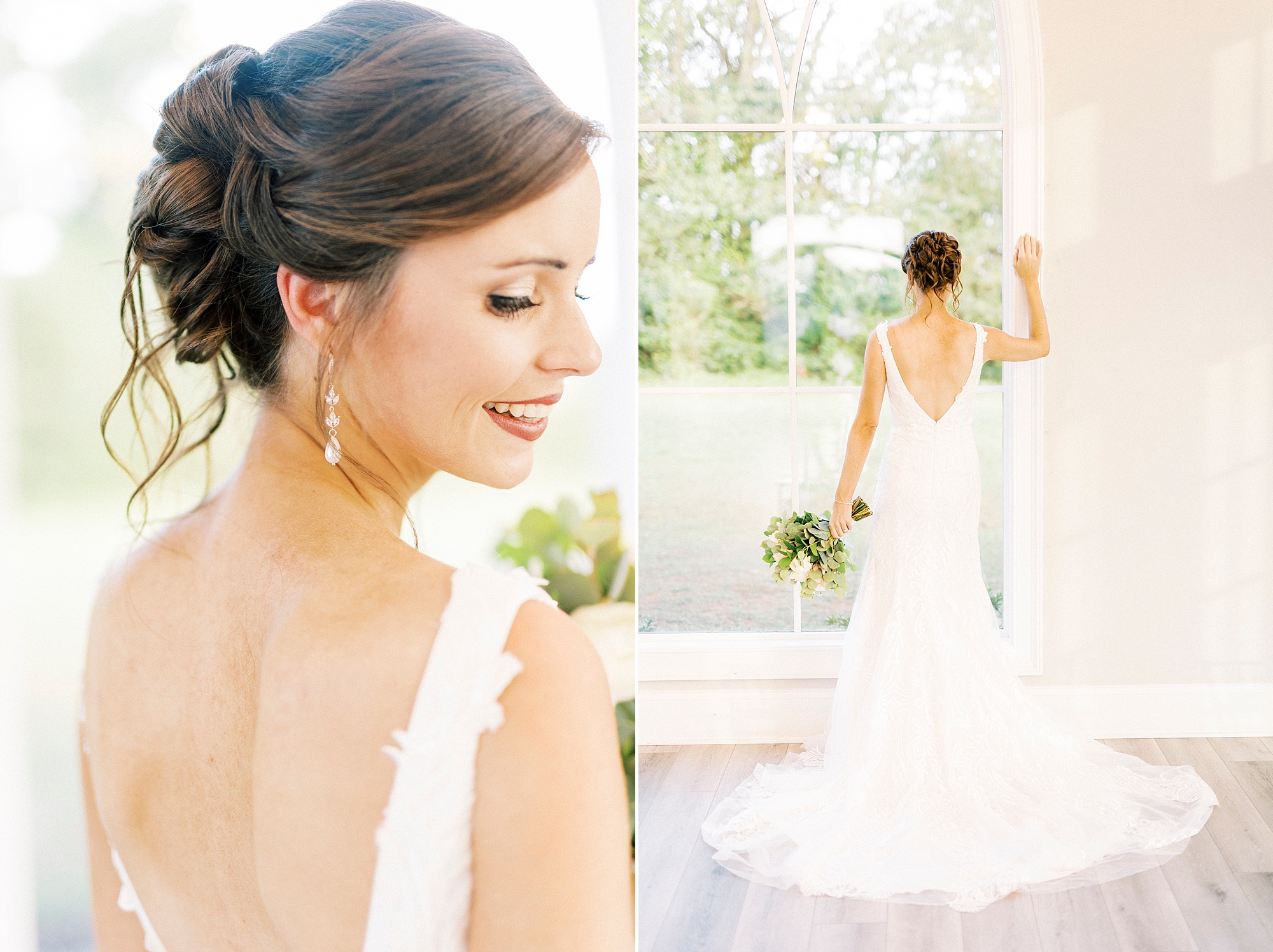 bride poses in windows during Chickadee Hill Farms bridal portraits 