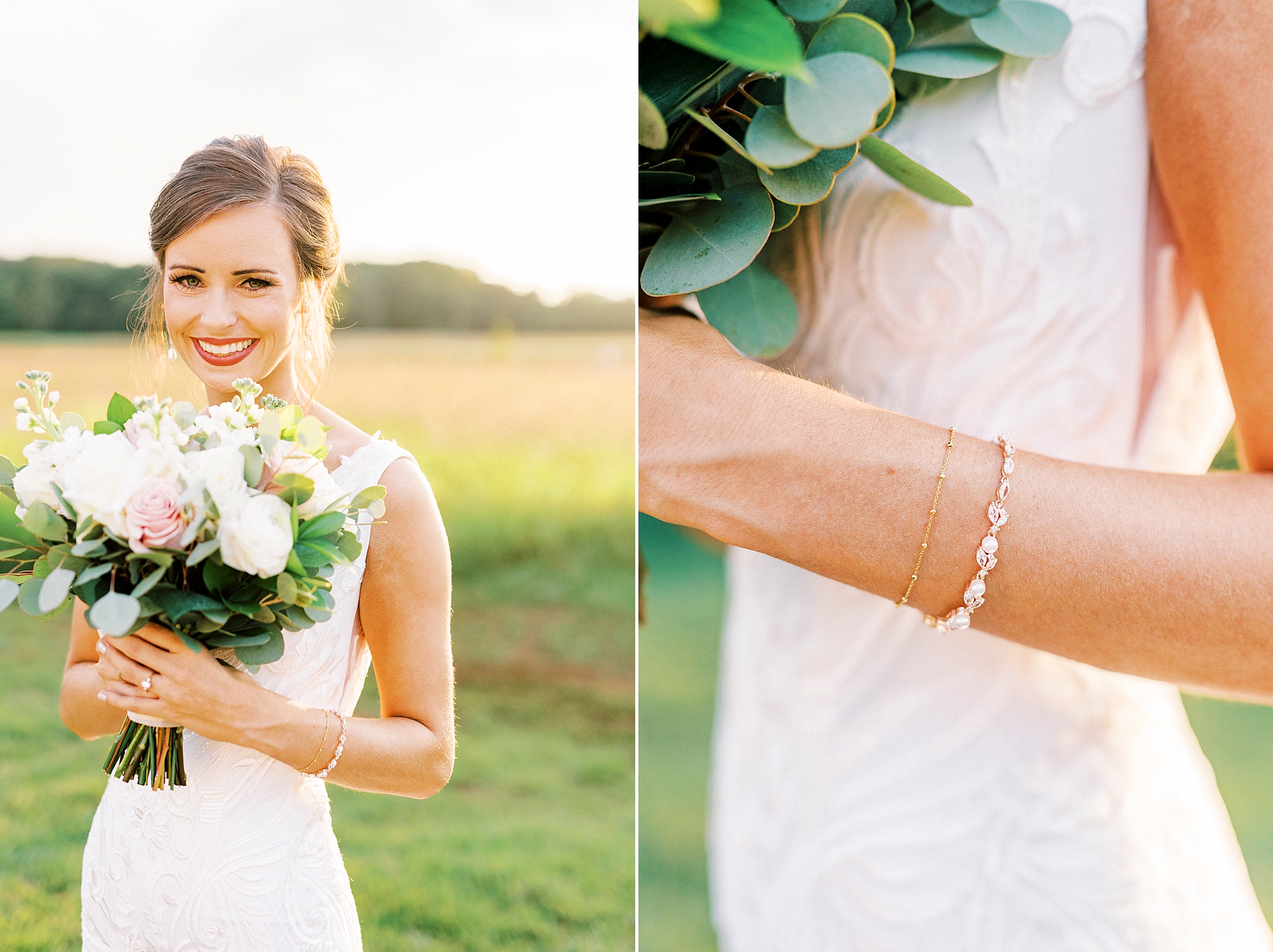 bride holds bouquet showing off bracelet at Chickadee Hill Farms