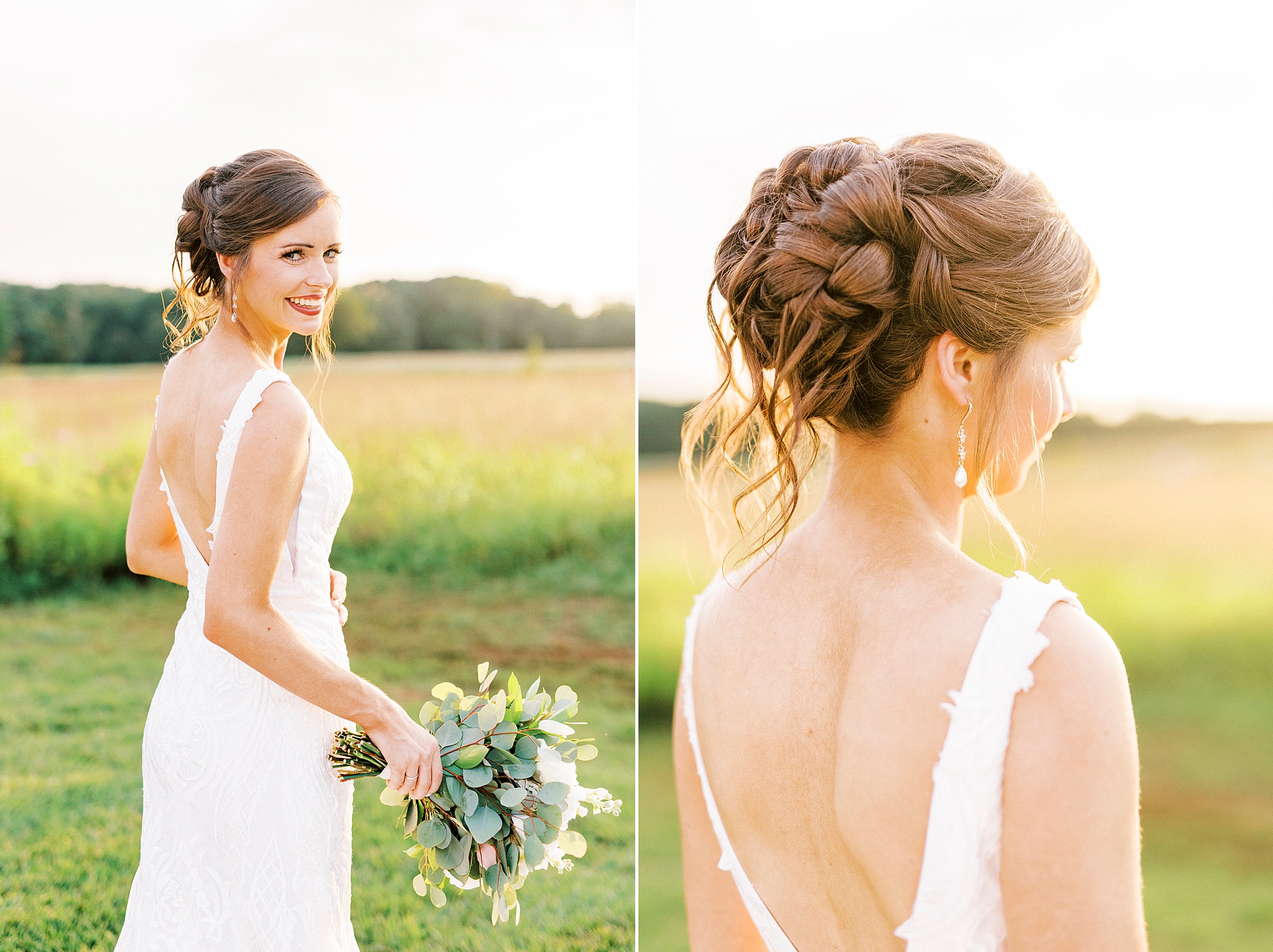 bride smiles looking back over shoulder during Chickadee Hill Farms bridal portraits 