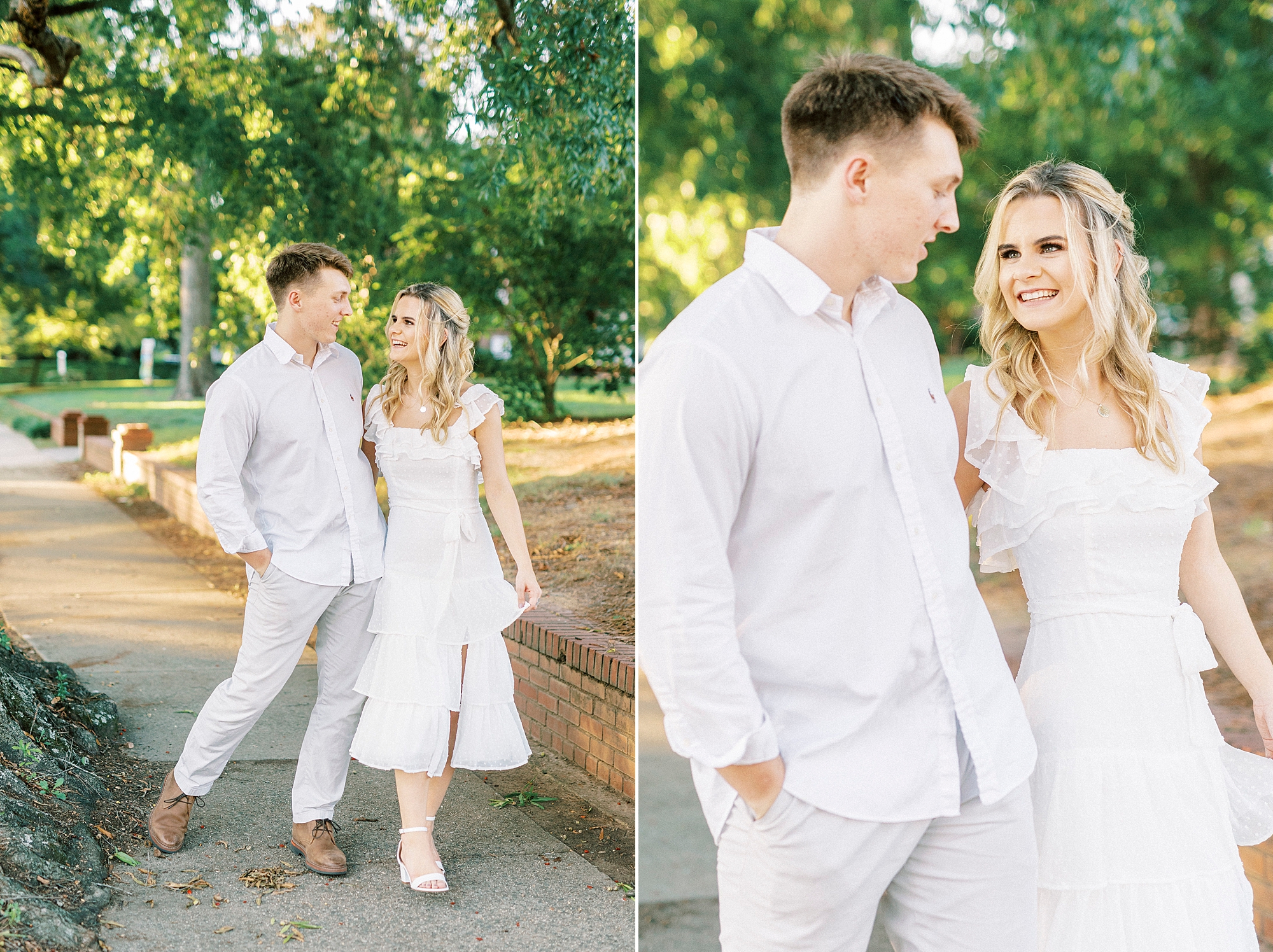 woman smiles at fiancee during Downtown Concord engagement portraits