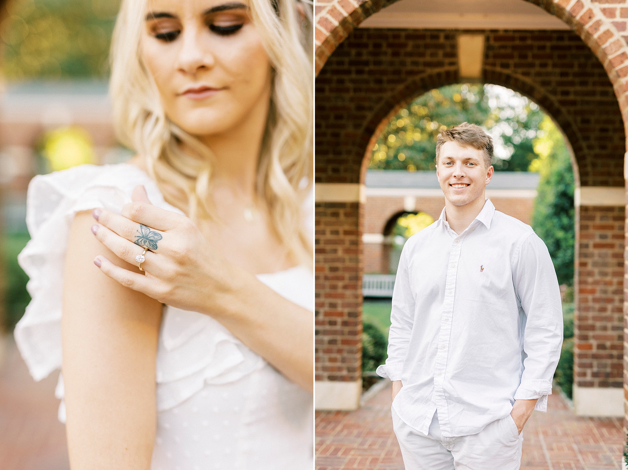 bride shows off ring while adjusting sleeve of dress